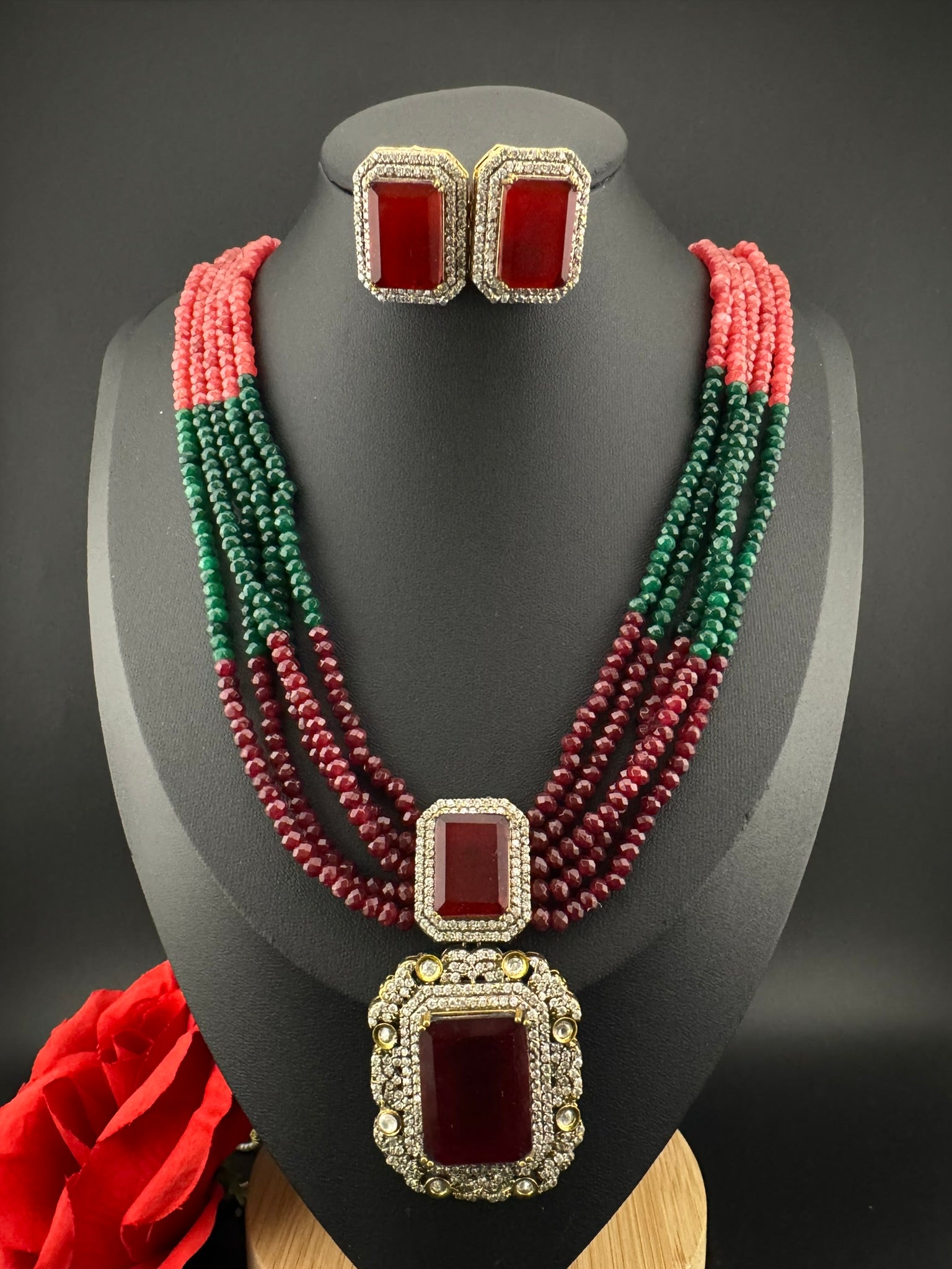 Premium Quality fusion necklace with CZ Pendant, natural stones, onyx beads Long Necklace set/Rani Haar/Indian jewelry/bridal necklace set