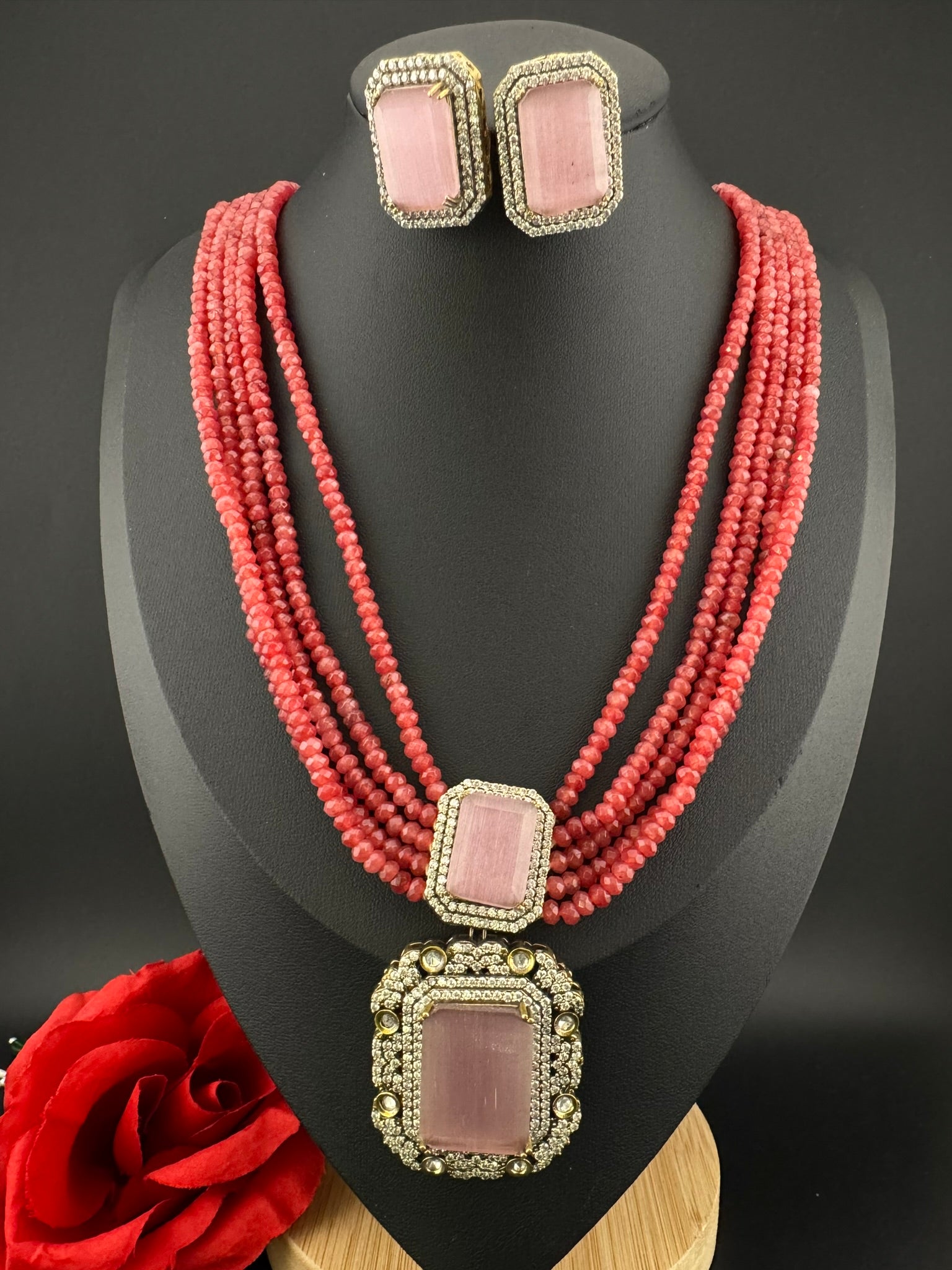 Premium Quality fusion necklace with CZ Pendant, natural stones, onyx beads Long Necklace set/Rani Haar/Indian jewelry/bridal necklace set