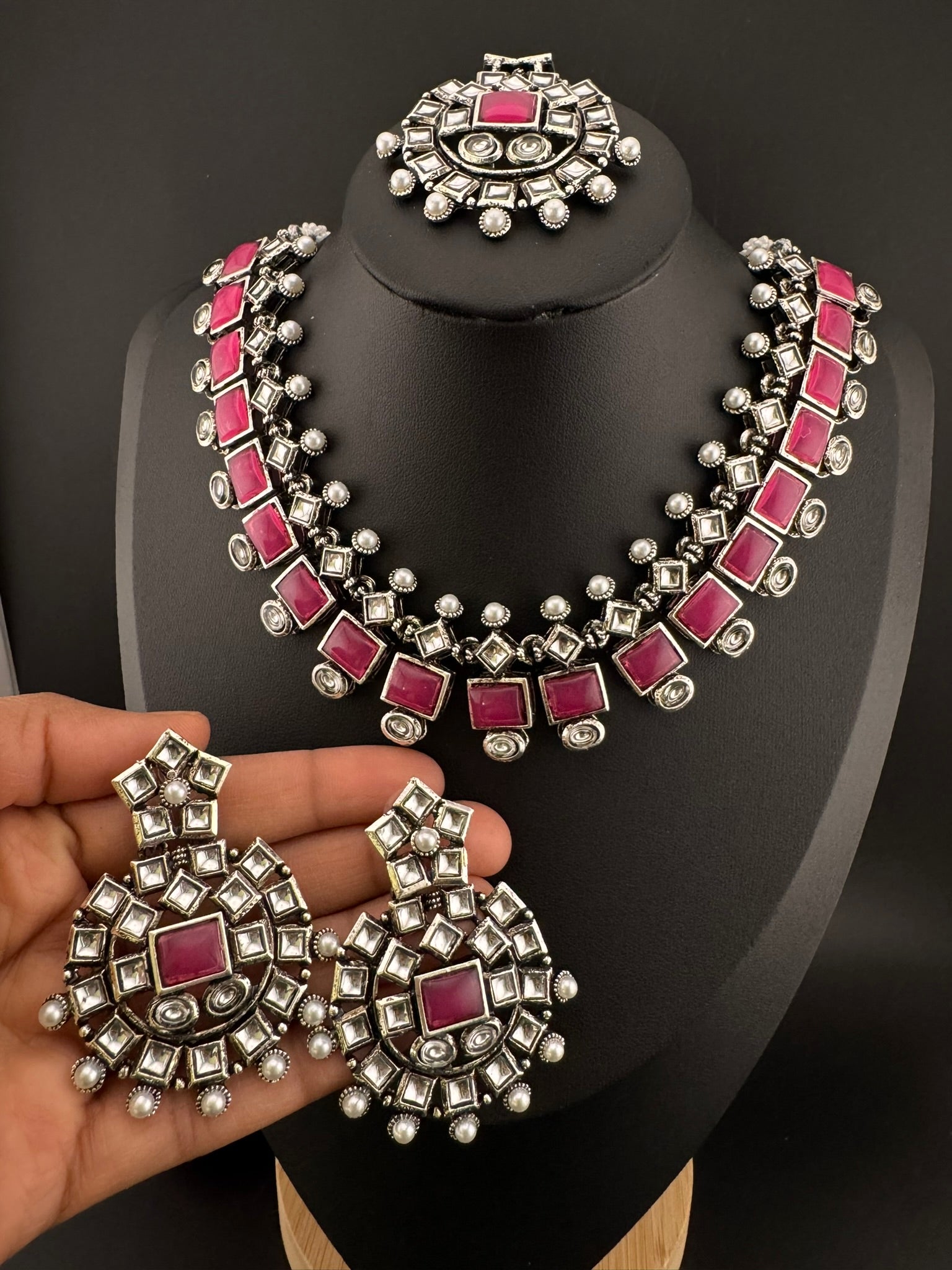 Premium Quality Oxidized silver polish German silver Antique looking, stones, pearls with chandbali earrings and tikka necklace set