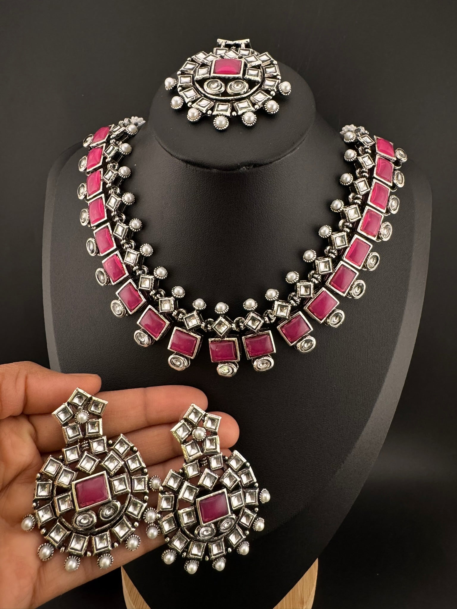 Premium Quality Oxidized silver polish German silver Antique looking, stones, pearls with chandbali earrings and tikka necklace set