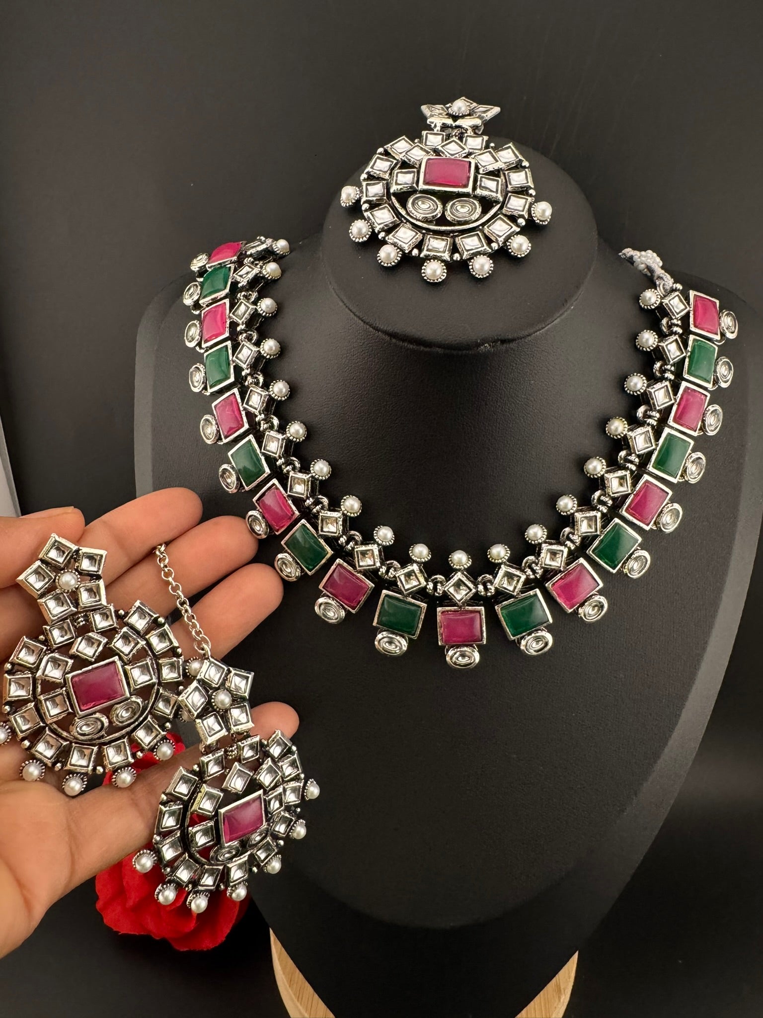 Premium Quality Oxidized silver polish German silver Antique looking, stones, pearls with chandbali earrings and tikka necklace set