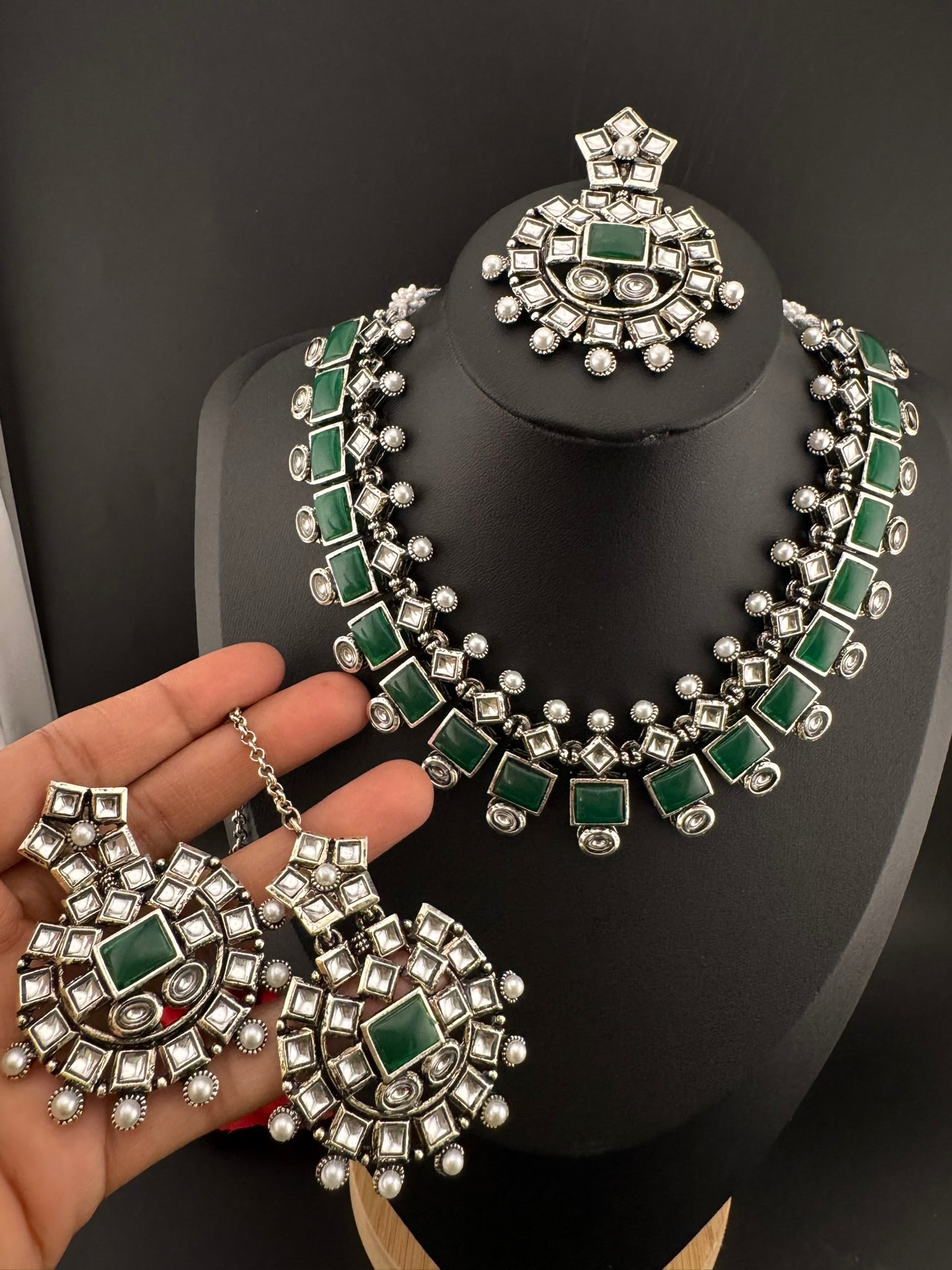 Premium Quality Oxidized silver polish German silver Antique looking, stones, pearls with chandbali earrings and tikka necklace set