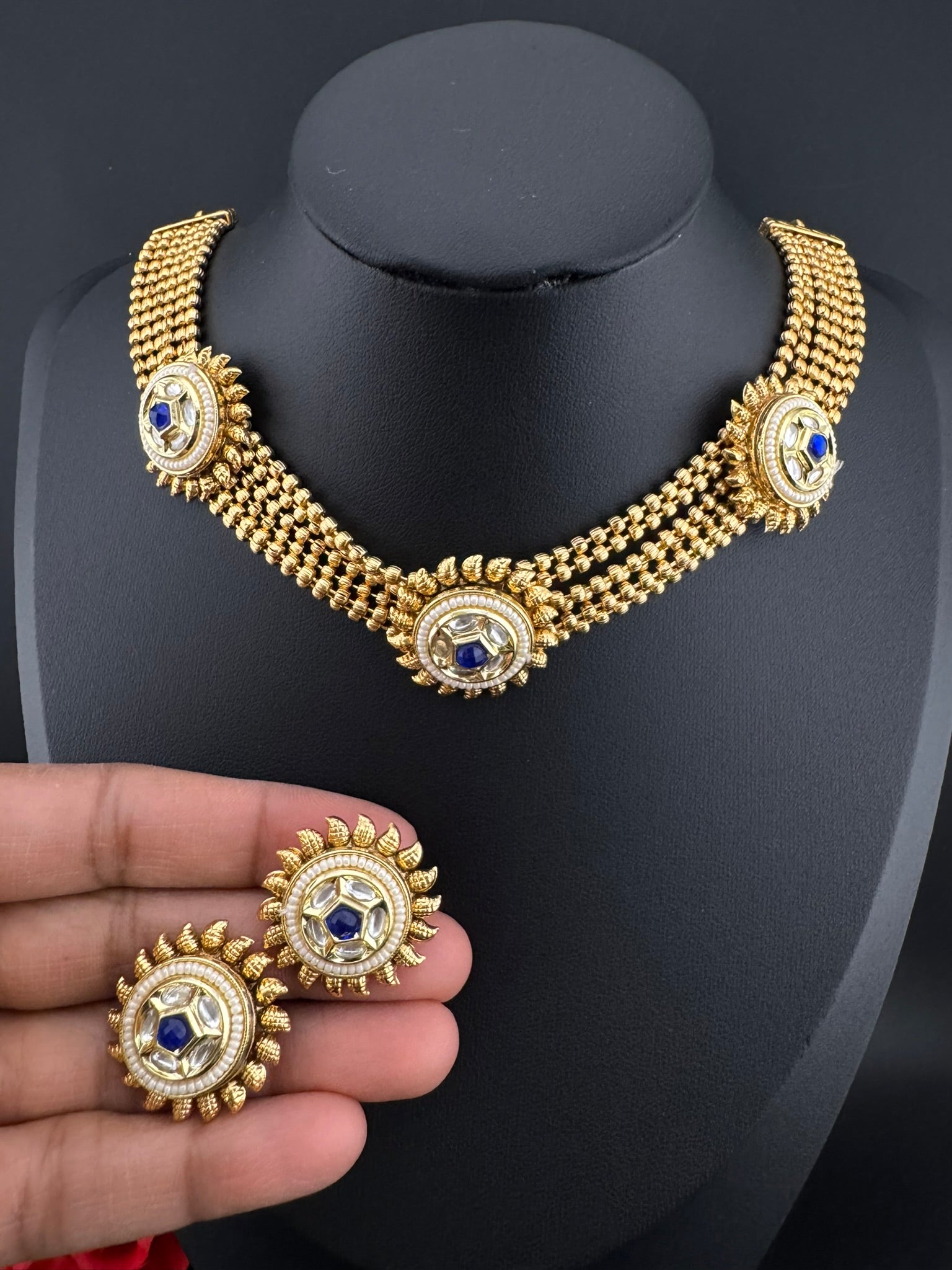 Premium Quality Gold beads chain, Tyaani kundan, stones collar Necklace with studs earrings/gold-plated necklace set/Traditional Indian set