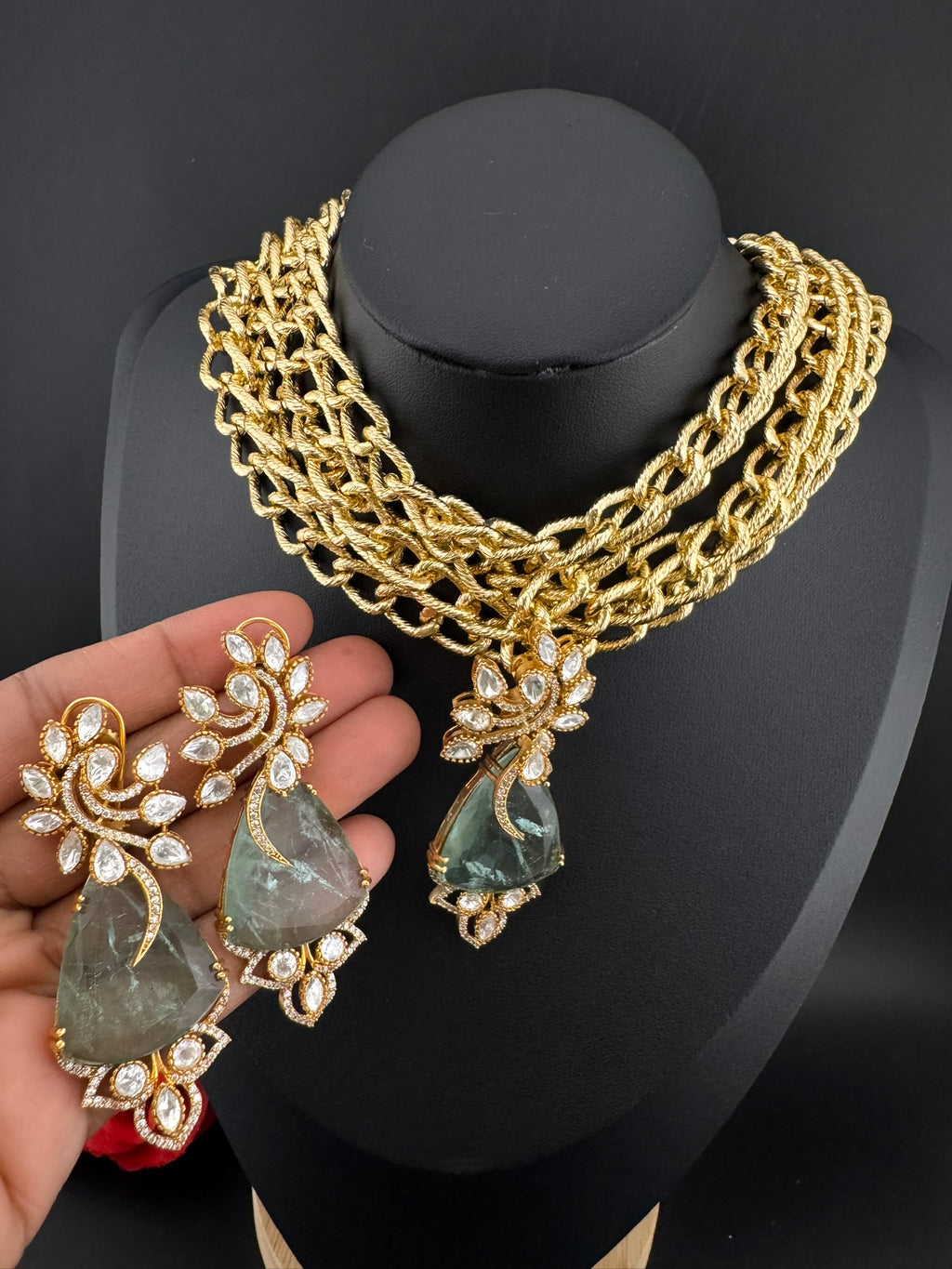 Premium Quality Chunky Gold chain and doublet stone choker Necklace set with earrings/Light green choker set/Stylish thick chunky choker set