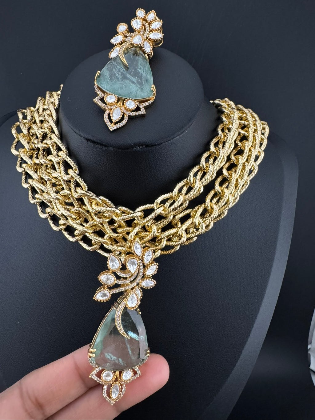 Premium Quality Chunky Gold chain and doublet stone choker Necklace set with earrings/Light green choker set/Stylish thick chunky choker set