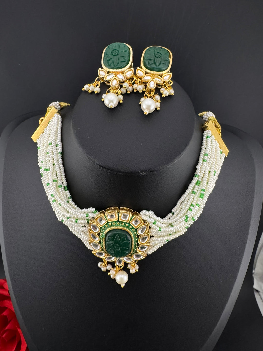 Carved stone and Kundan in small pearls mala Choker Necklace set with studs earrings