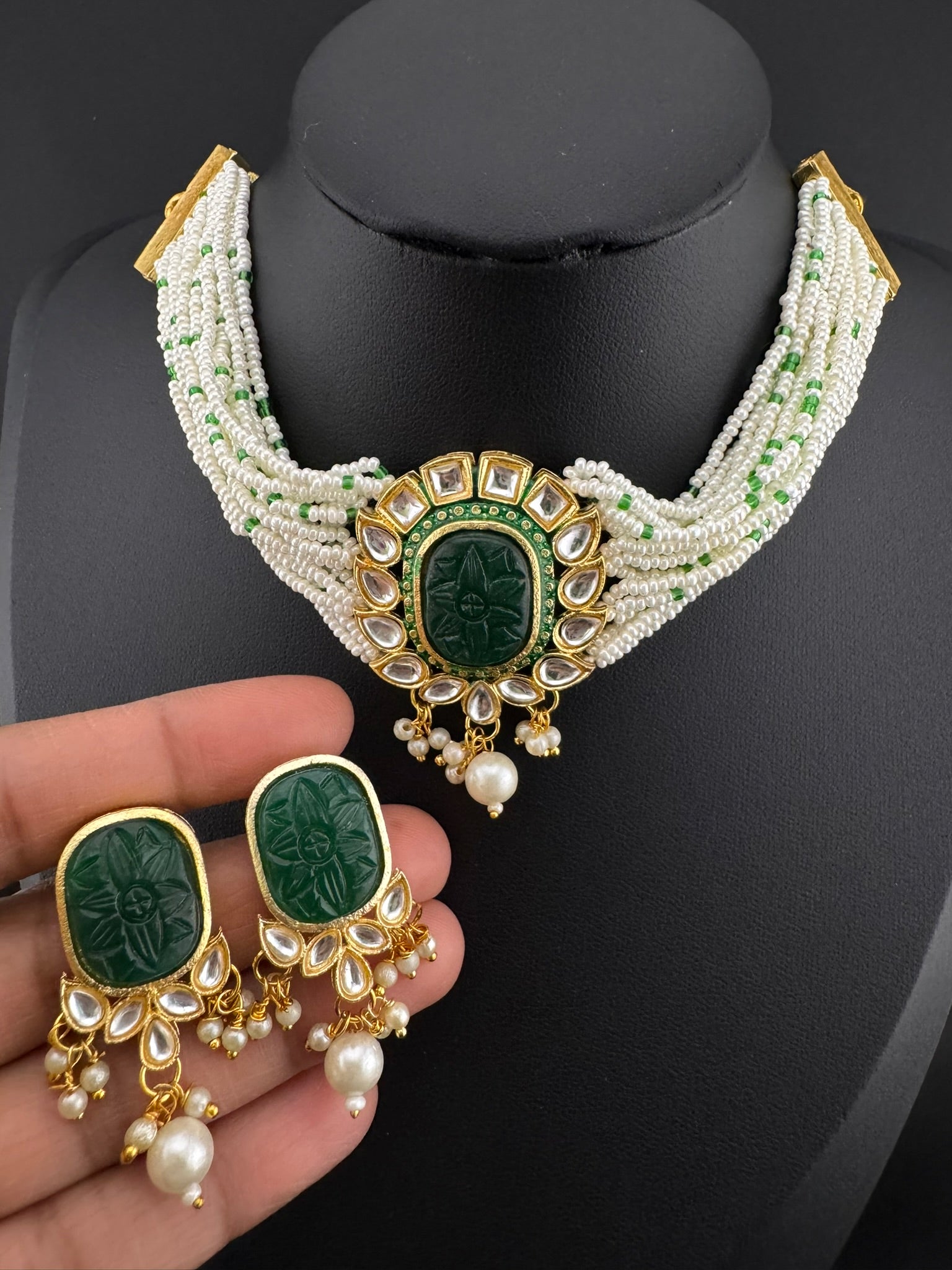 Carved stone and Kundan in small pearls mala Choker Necklace set with studs earrings