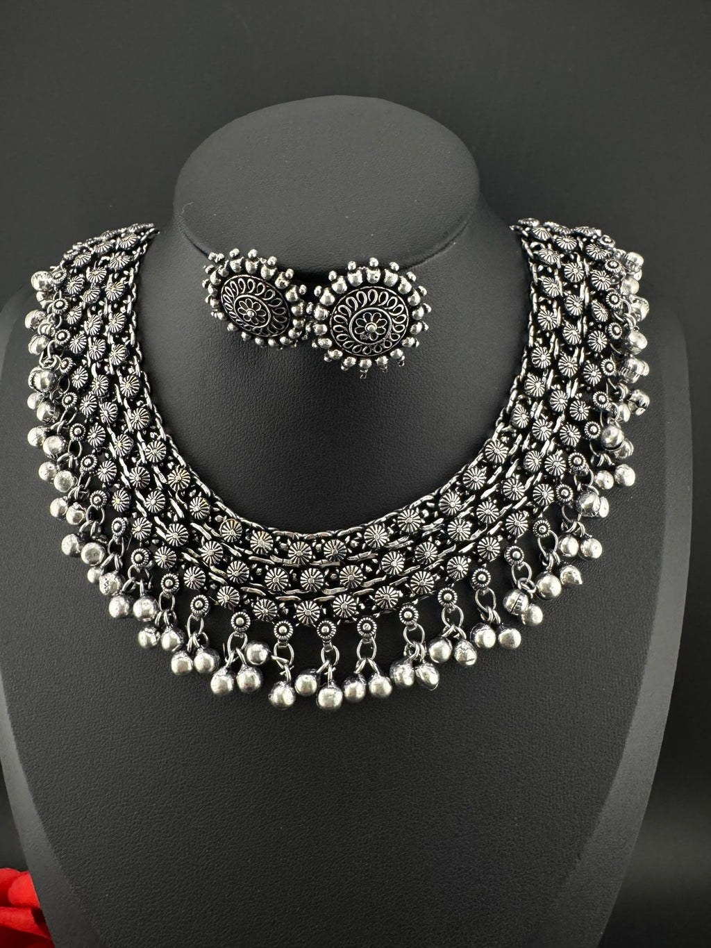 Premium Quality Oxidized silver polish German silver Antique looking with stud earrings and necklace set/Indian Necklace set/Garbha jewelry