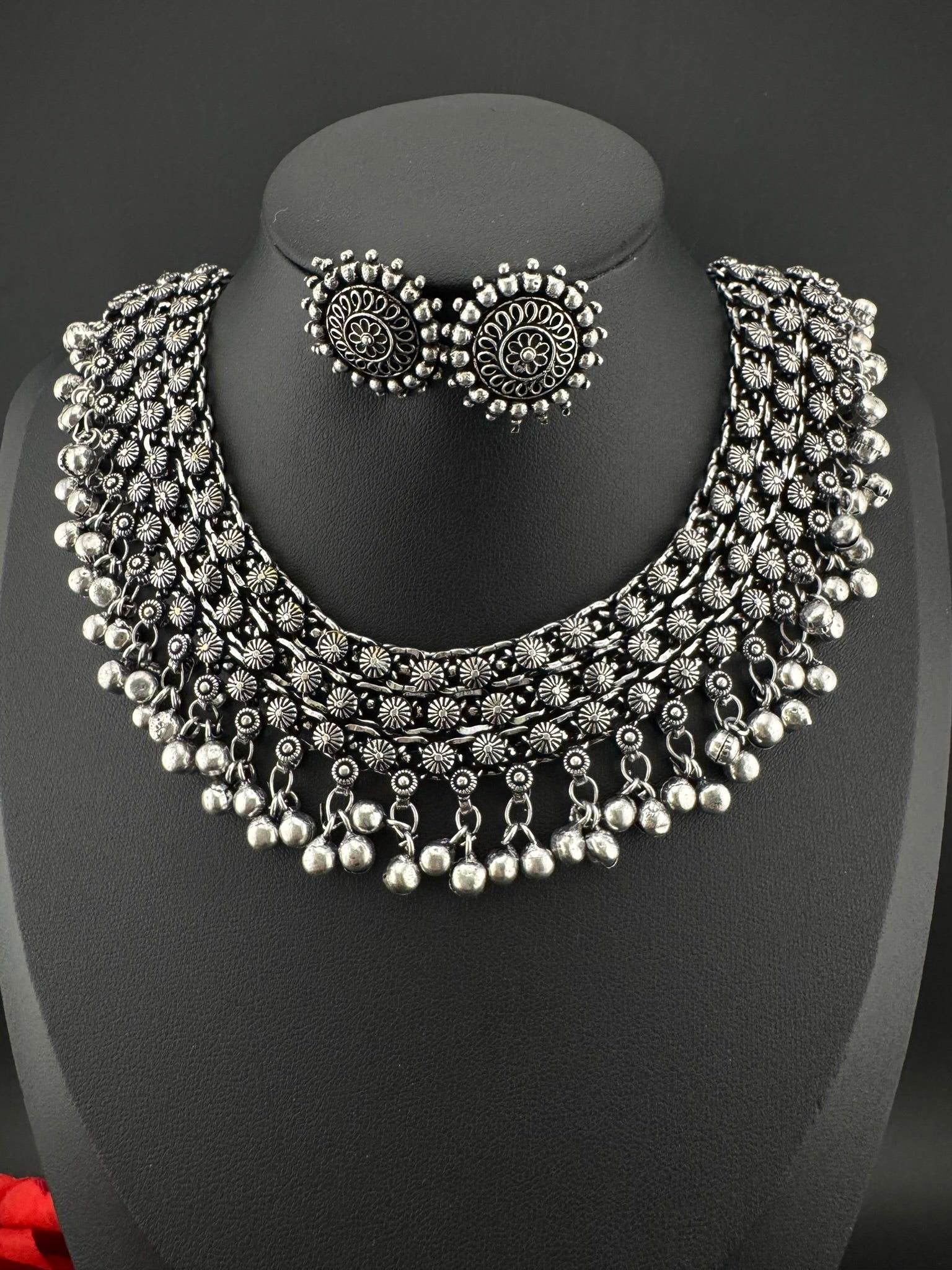 Premium Quality Oxidized silver polish German silver Antique looking with stud earrings and necklace set/Indian Necklace set/Garbha jewelry