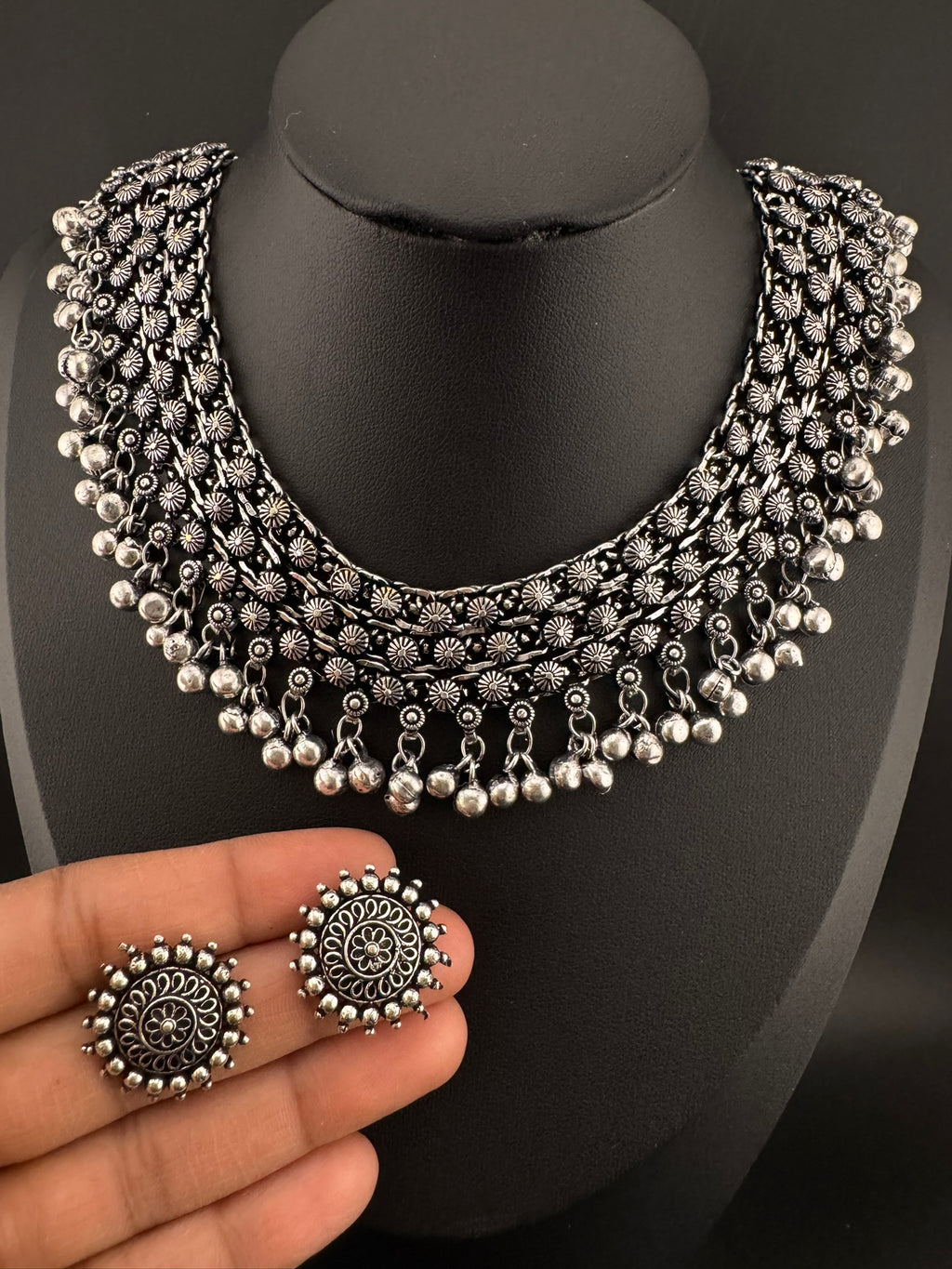 Premium Quality Oxidized silver polish German silver Antique looking with stud earrings and necklace set/Indian Necklace set/Garbha jewelry