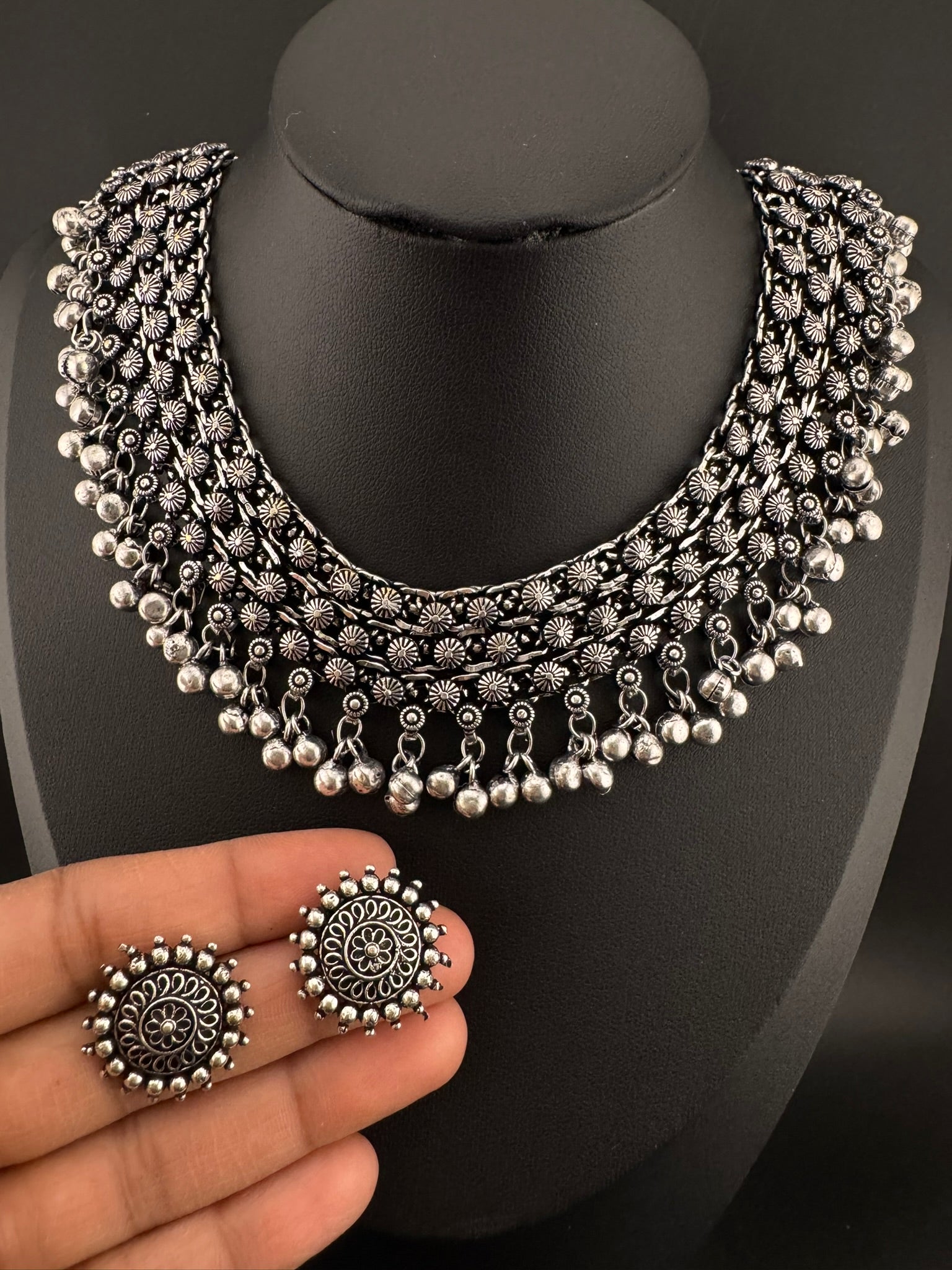 Premium Quality Oxidized silver polish German silver Antique looking with stud earrings and necklace set/Indian Necklace set/Garbha jewelry