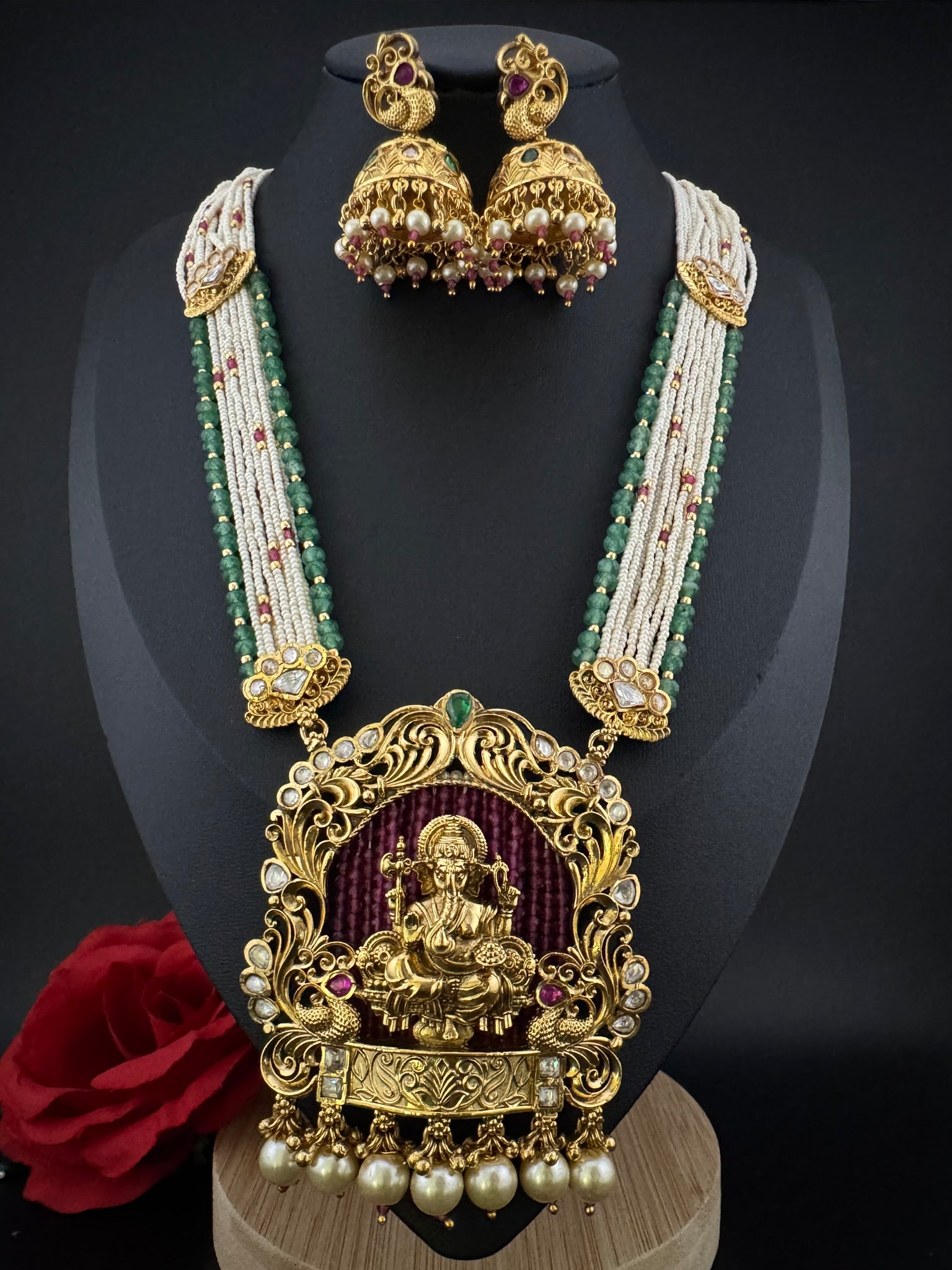 Premium Quality Ganesh Oversized Pendant in Matt gold, Moissanite Kundan, onyx beads, small pearls Long Rani Haar with Jhumka/Long Necklace