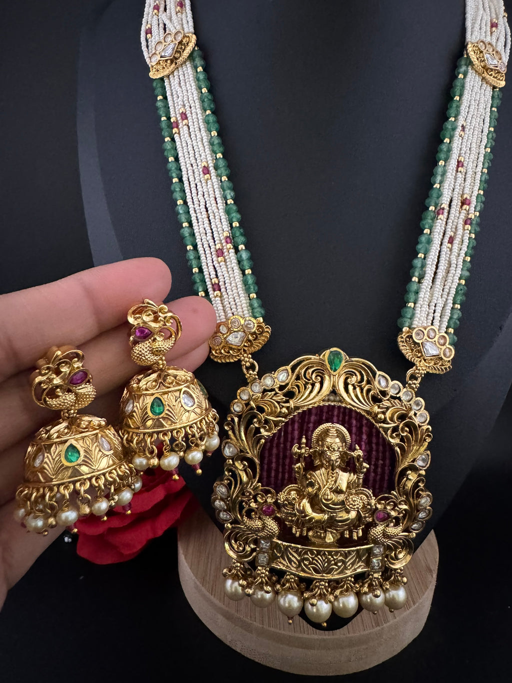 Premium Quality Ganesh Oversized Pendant in Matt gold, Moissanite Kundan, onyx beads, small pearls Long Rani Haar with Jhumka/Long Necklace