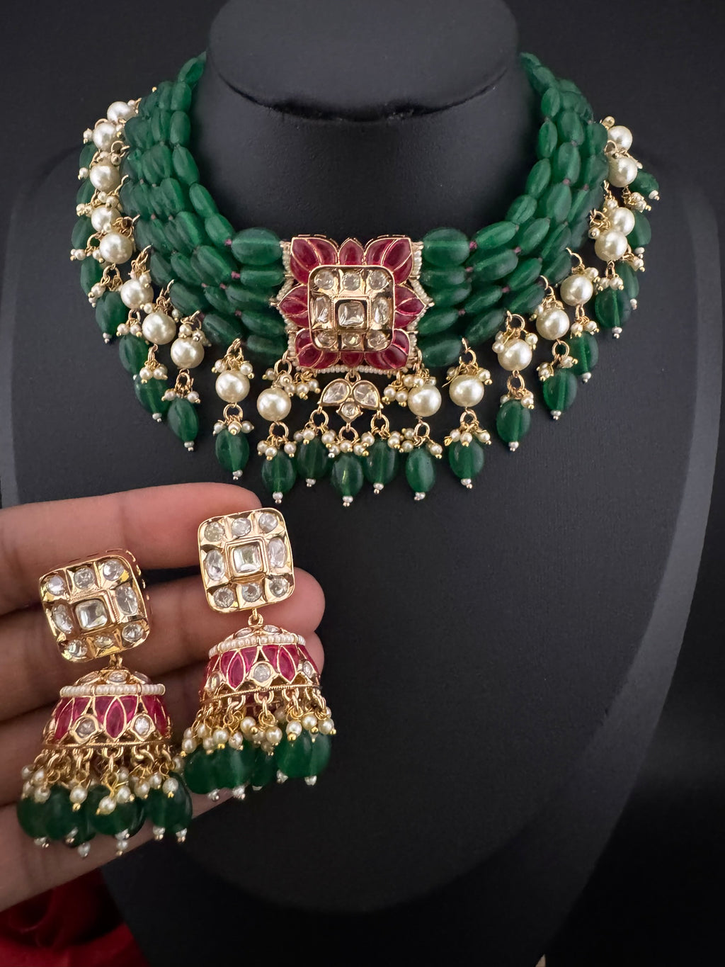 Premium Quality Tyaani inspired Pachi kundan choker Necklace set with jhumka earrings/Sonakshi wedding necklace/emerald green choker set