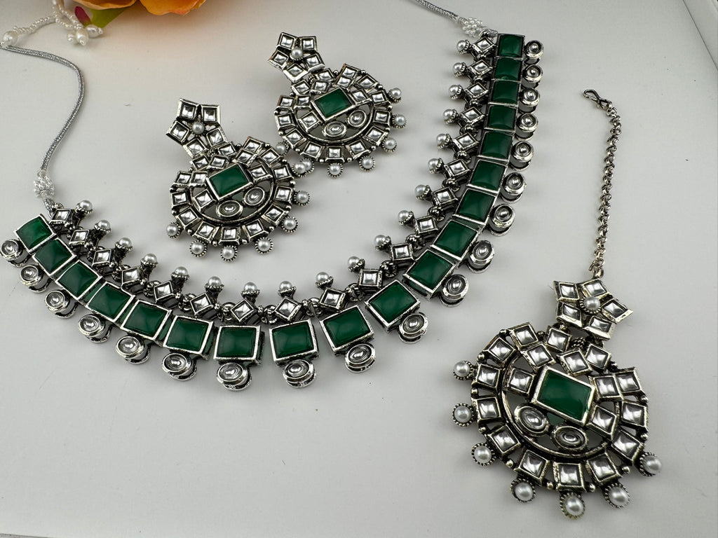 Premium Quality Oxidized silver polish German silver Antique looking, stones, pearls with chandbali earrings and tikka necklace set