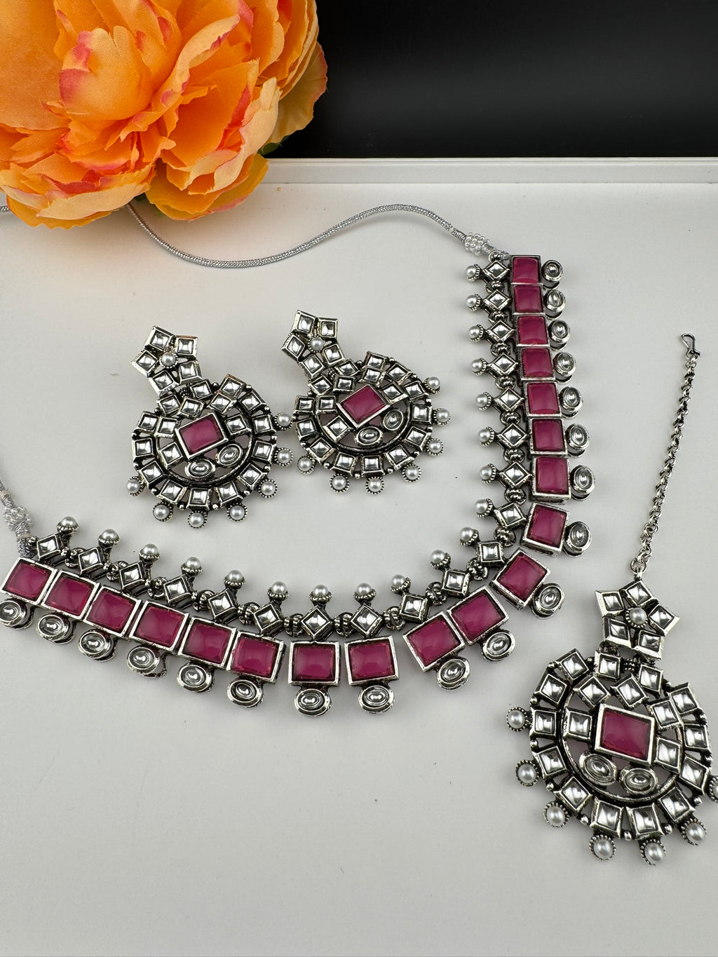 Premium Quality Oxidized silver polish German silver Antique looking, stones, pearls with chandbali earrings and tikka necklace set