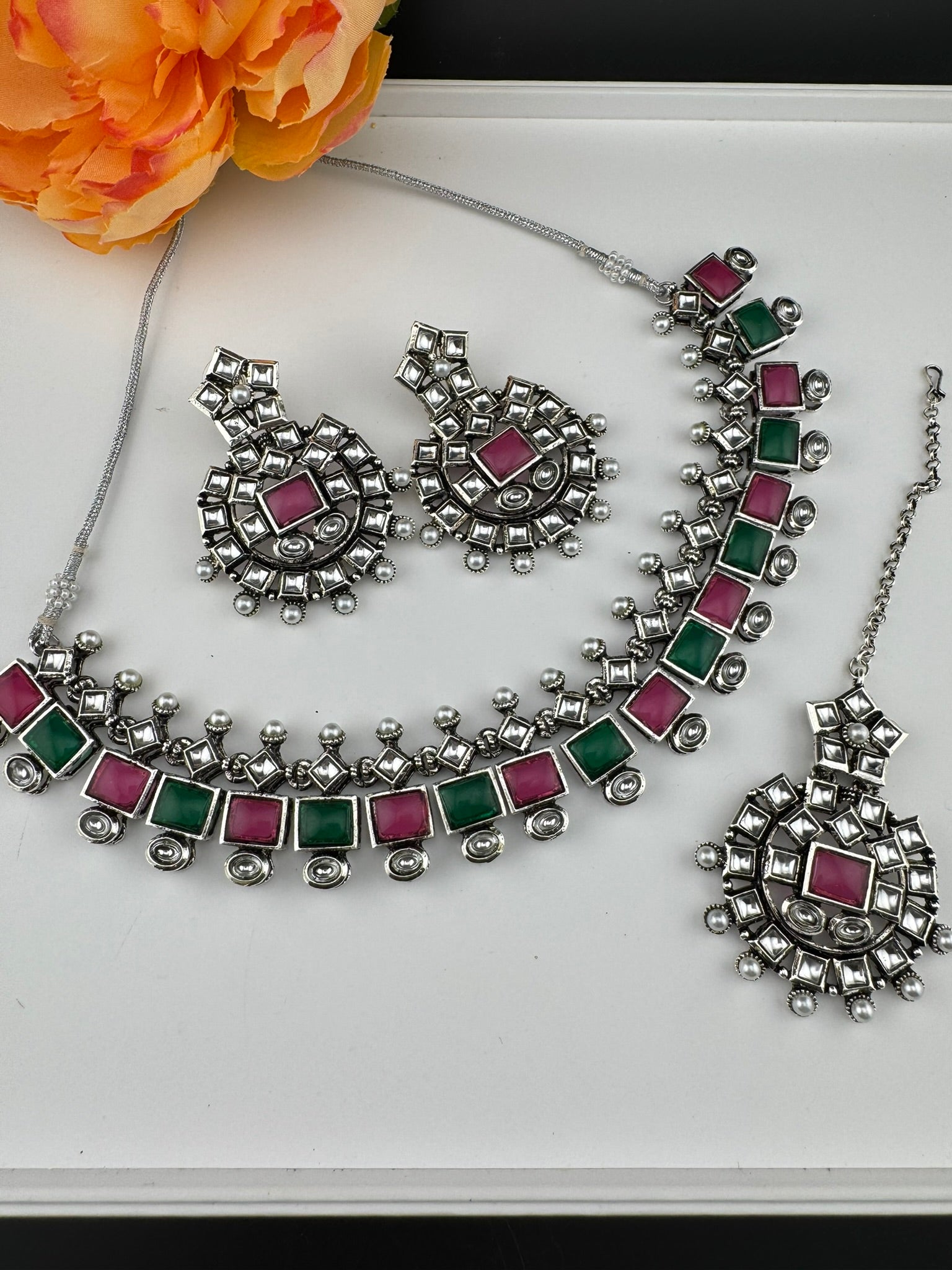 Premium Quality Oxidized silver polish German silver Antique looking, stones, pearls with chandbali earrings and tikka necklace set
