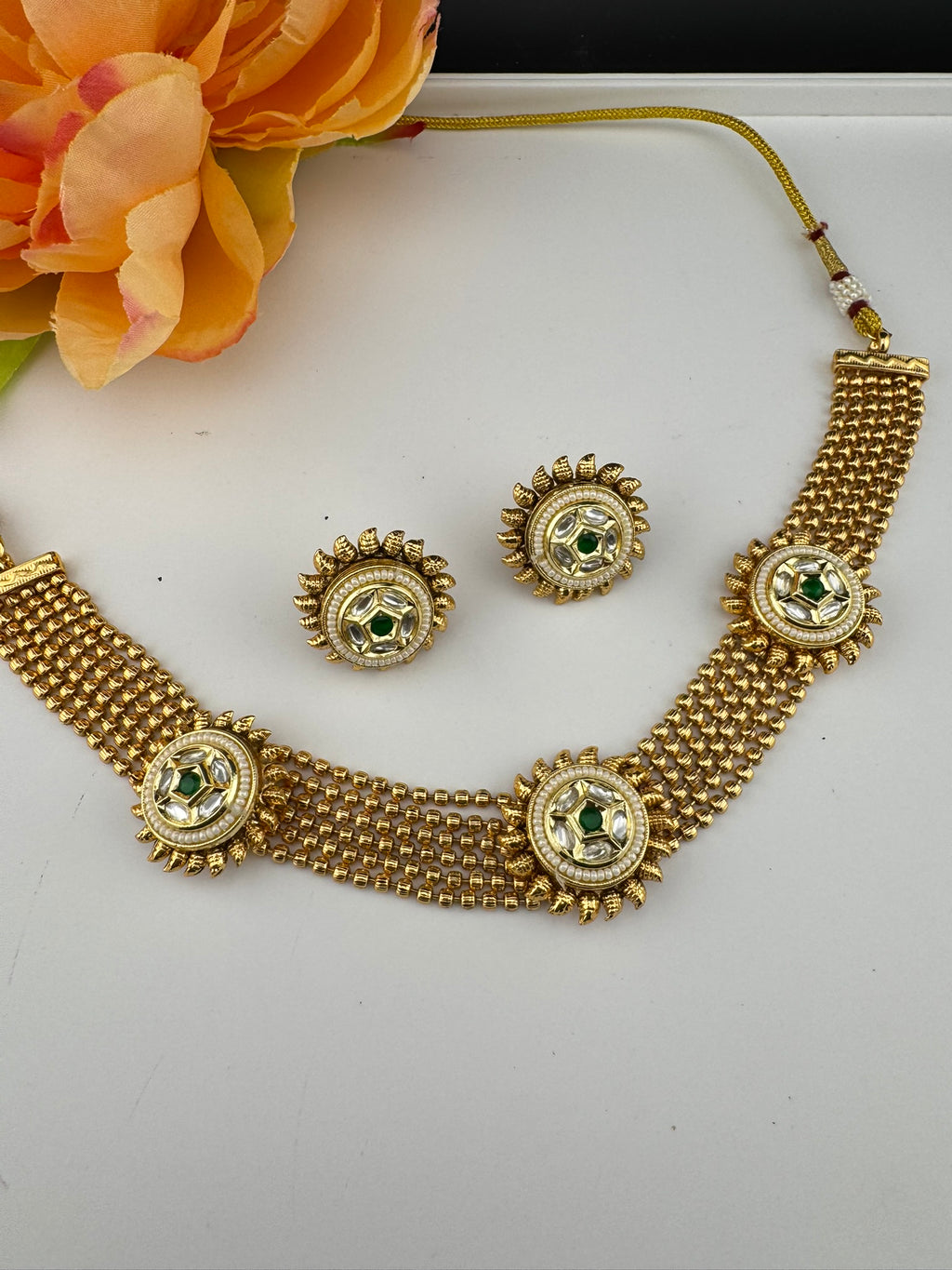 Premium Quality Gold beads chain, Tyaani kundan, stones collar Necklace with studs earrings/gold-plated necklace set/Traditional Indian set