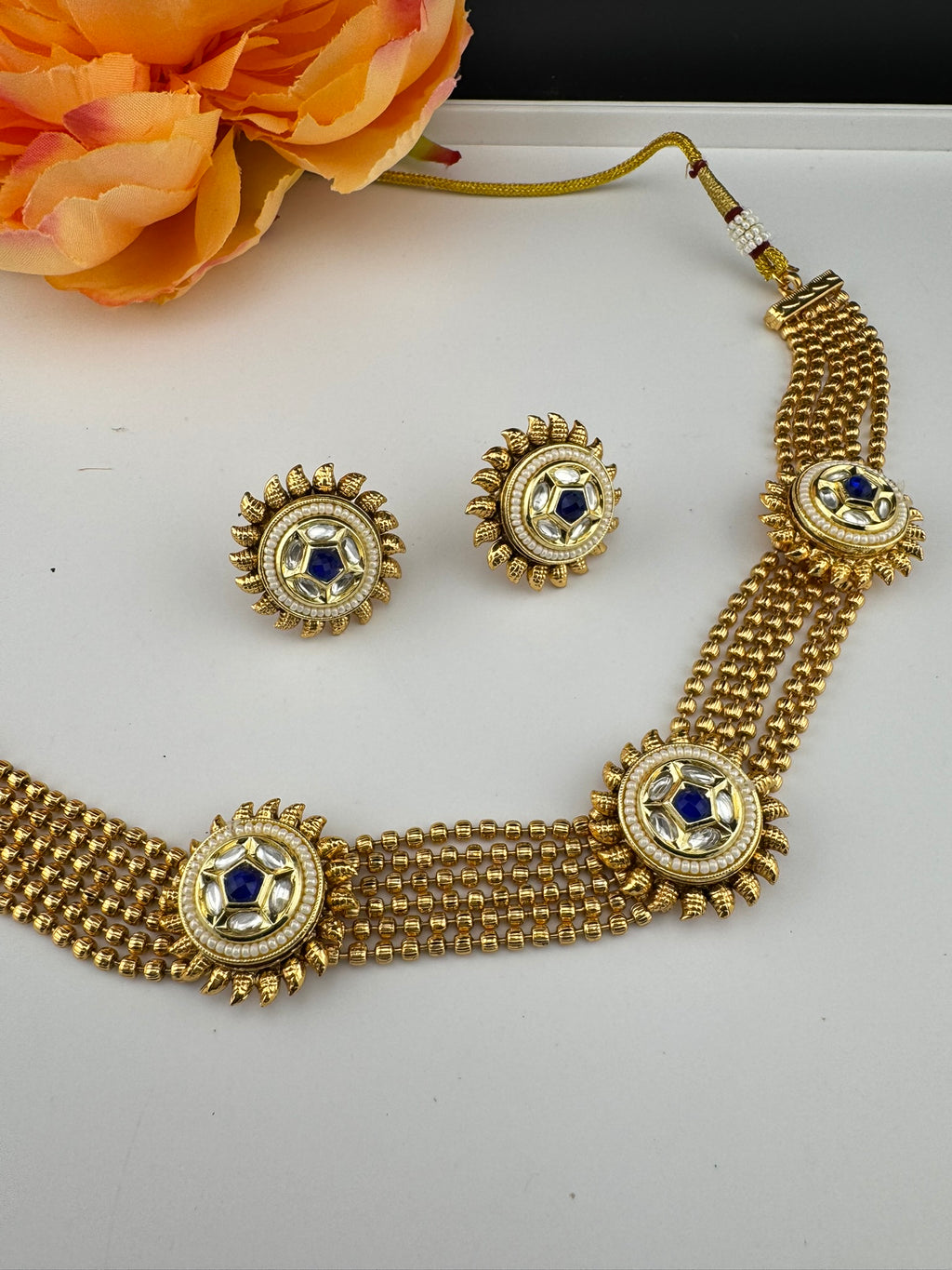 Premium Quality Gold beads chain, Tyaani kundan, stones collar Necklace with studs earrings/gold-plated necklace set/Traditional Indian set