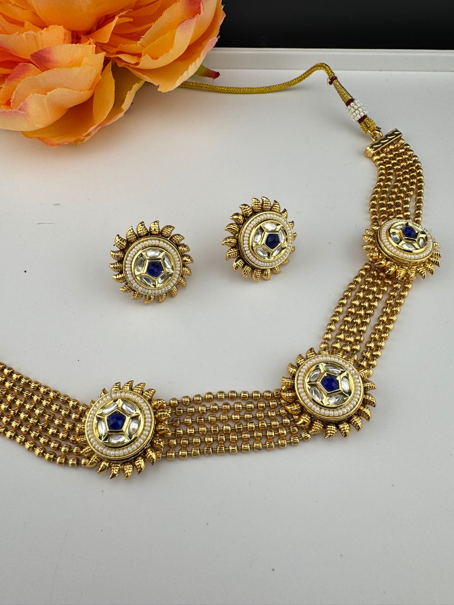 Premium Quality Gold beads chain, Tyaani kundan, stones collar Necklace with studs earrings/gold-plated necklace set/Traditional Indian set
