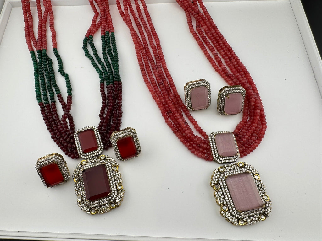 Premium Quality fusion necklace with CZ Pendant, natural stones, onyx beads Long Necklace set/Rani Haar/Indian jewelry/bridal necklace set