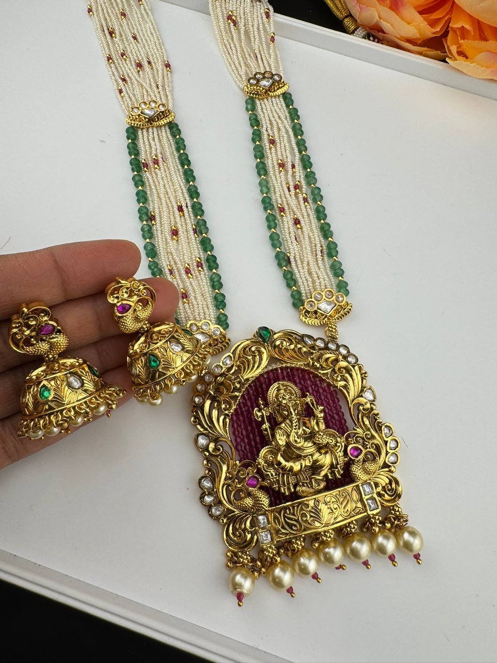 Premium Quality Ganesh Oversized Pendant in Matt gold, Moissanite Kundan, onyx beads, small pearls Long Rani Haar with Jhumka/Long Necklace