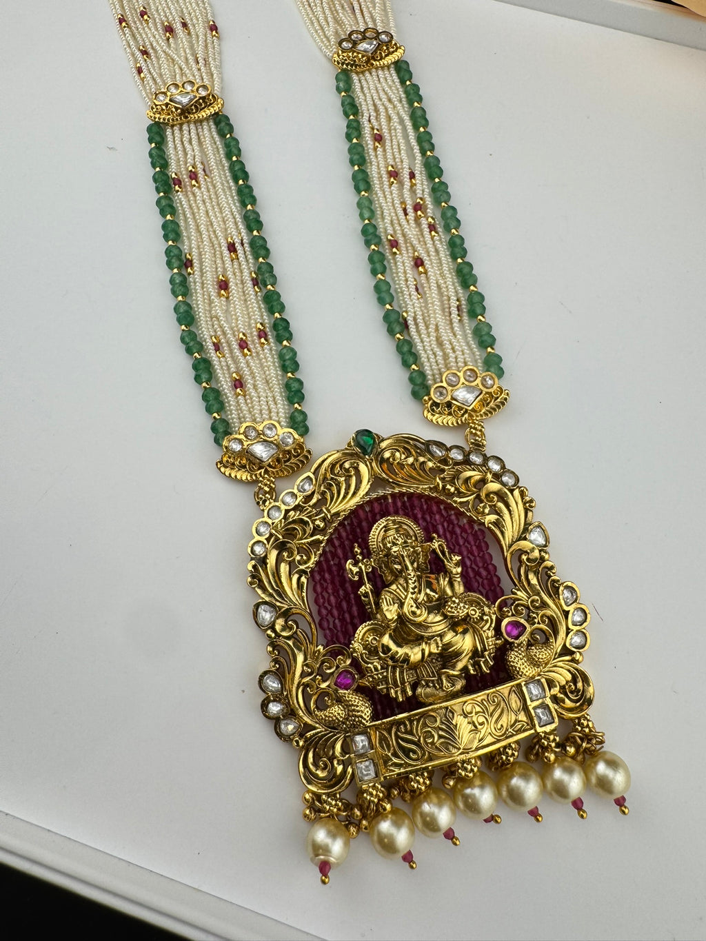 Premium Quality Ganesh Oversized Pendant in Matt gold, Moissanite Kundan, onyx beads, small pearls Long Rani Haar with Jhumka/Long Necklace