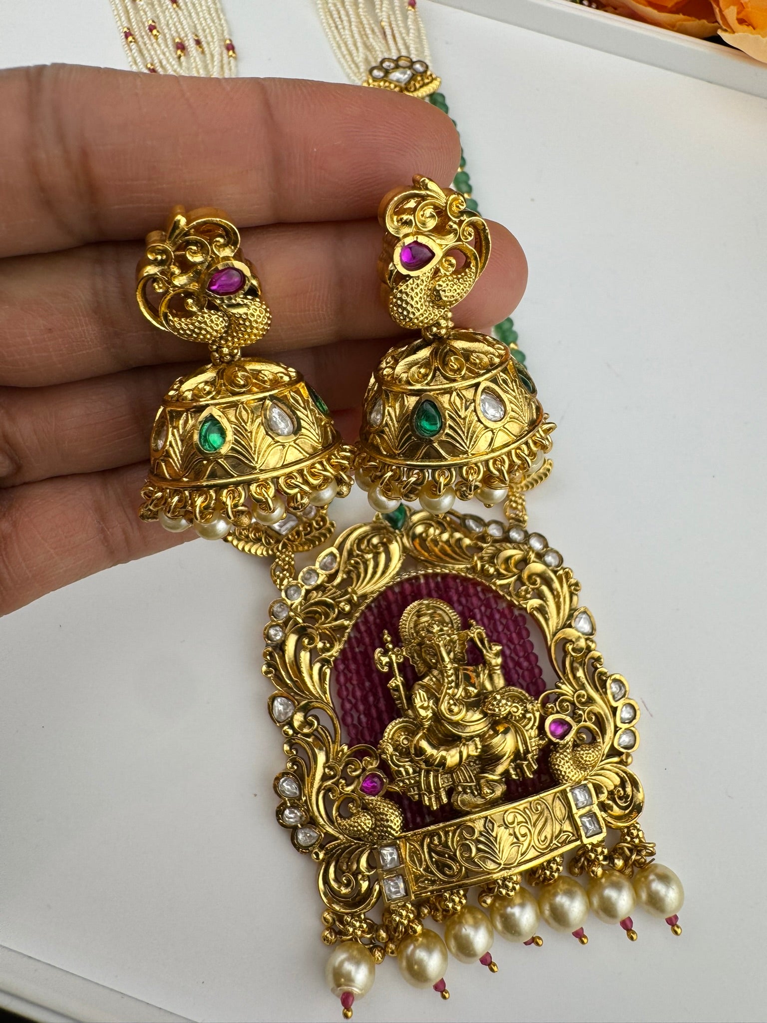 Premium Quality Ganesh Oversized Pendant in Matt gold, Moissanite Kundan, onyx beads, small pearls Long Rani Haar with Jhumka/Long Necklace