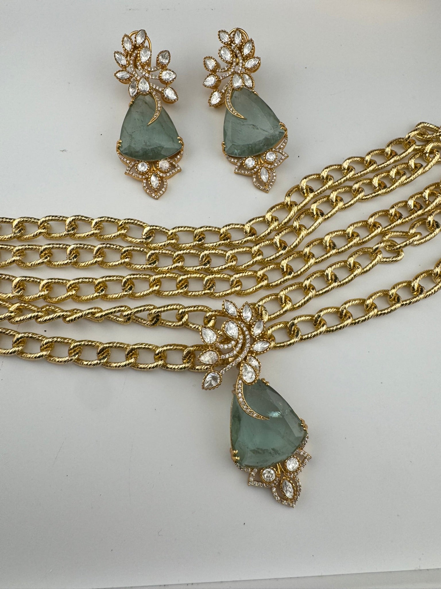 Premium Quality Chunky Gold chain and doublet stone choker Necklace set with earrings/Light green choker set/Stylish thick chunky choker set