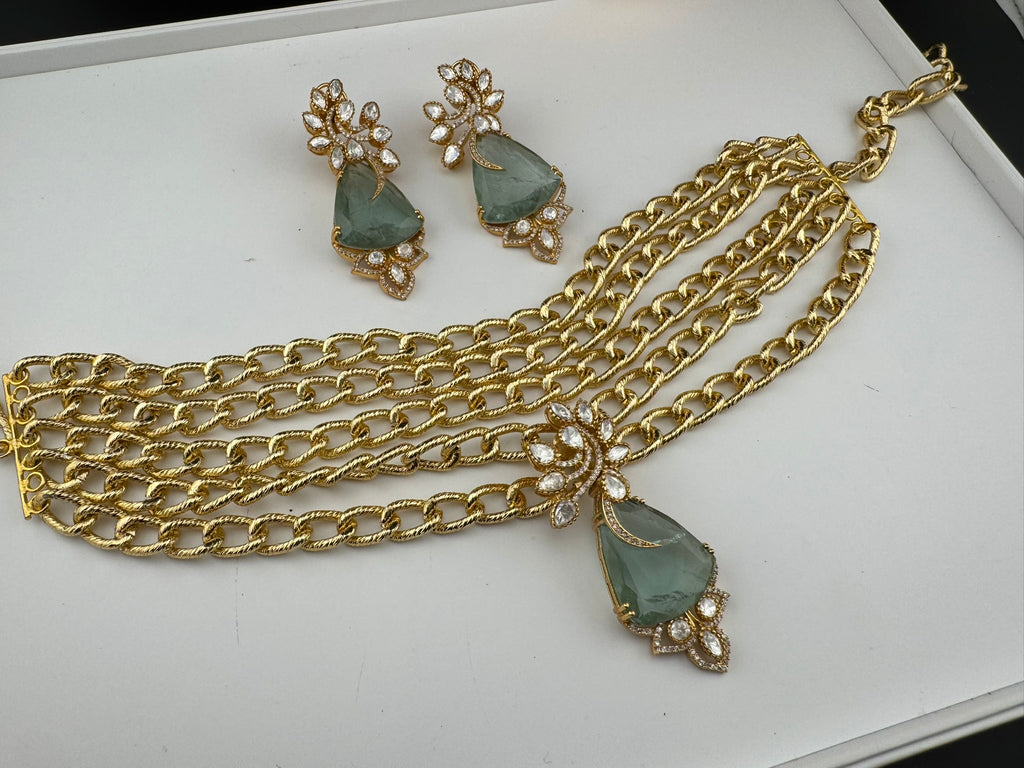 Premium Quality Chunky Gold chain and doublet stone choker Necklace set with earrings/Light green choker set/Stylish thick chunky choker set