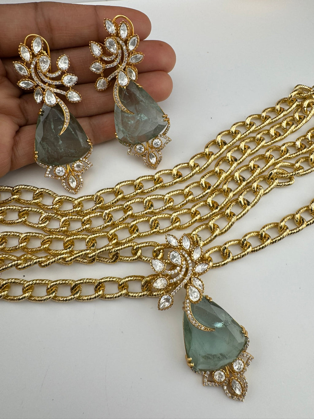 Premium Quality Chunky Gold chain and doublet stone choker Necklace set with earrings/Light green choker set/Stylish thick chunky choker set