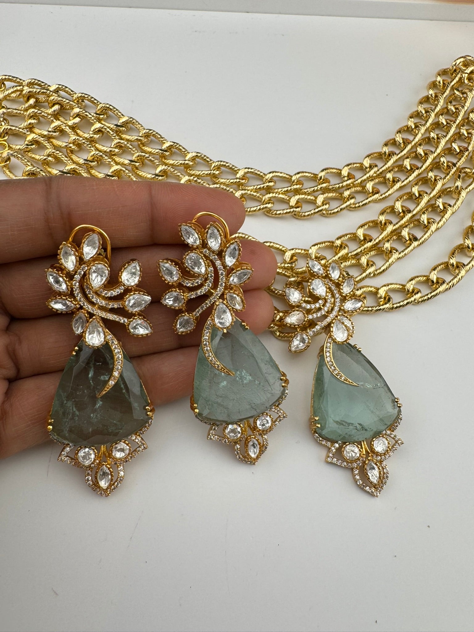 Premium Quality Chunky Gold chain and doublet stone choker Necklace set with earrings/Light green choker set/Stylish thick chunky choker set