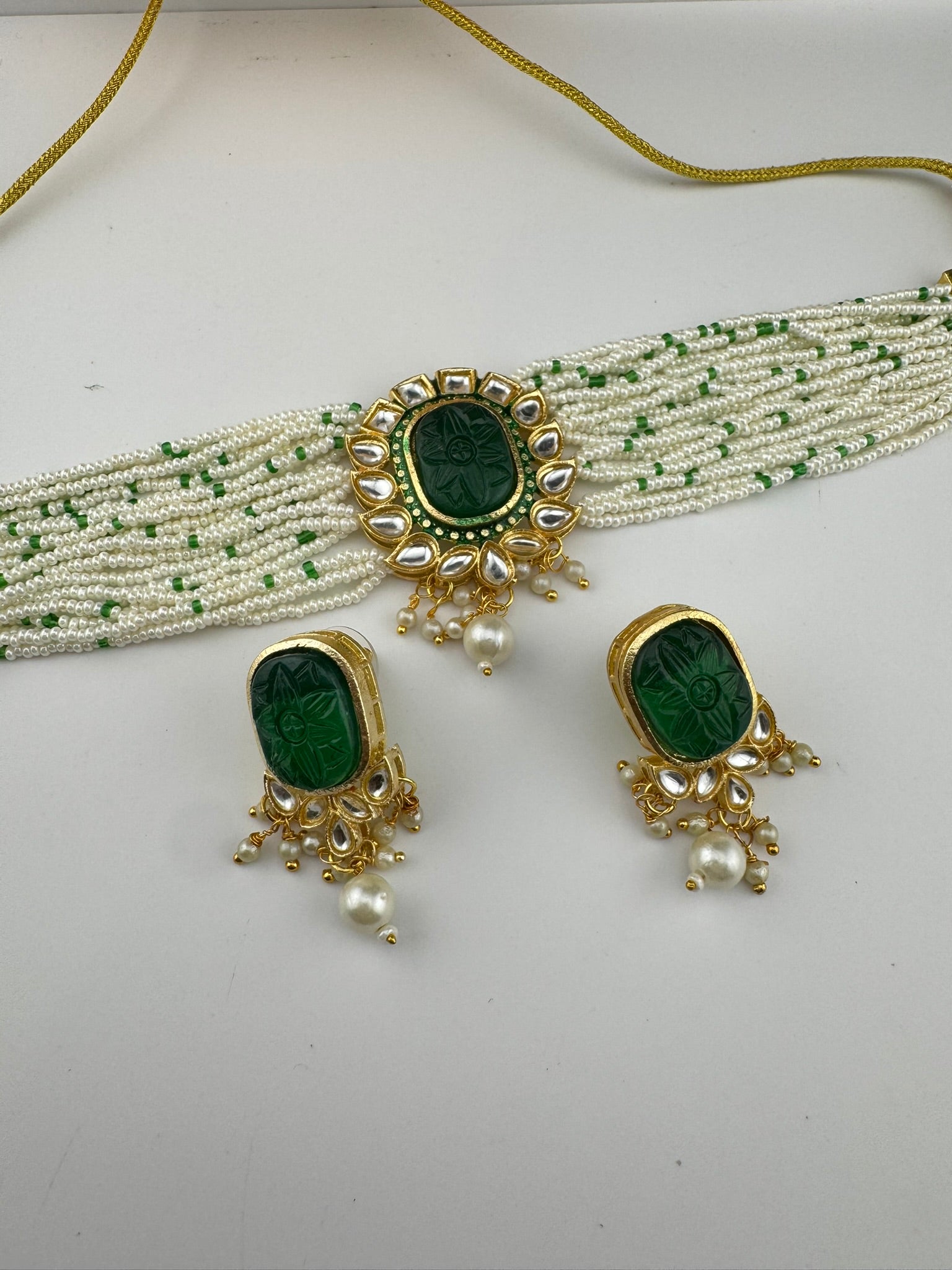 Carved stone and Kundan in small pearls mala Choker Necklace set with studs earrings