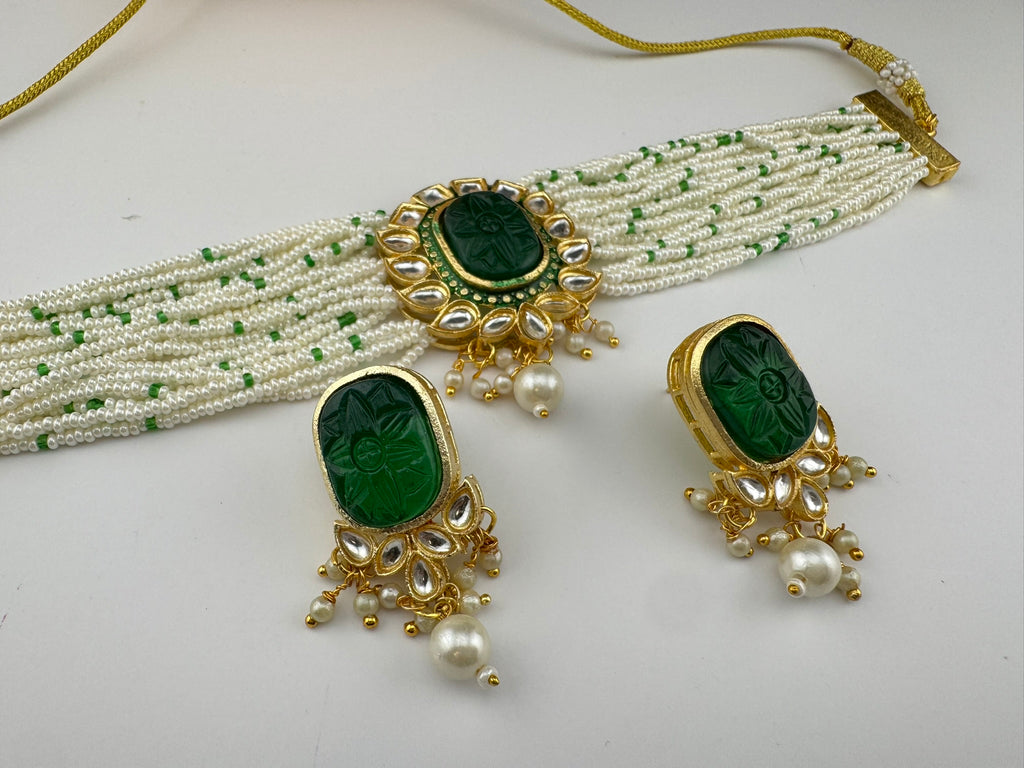 Carved stone and Kundan in small pearls mala Choker Necklace set with studs earrings