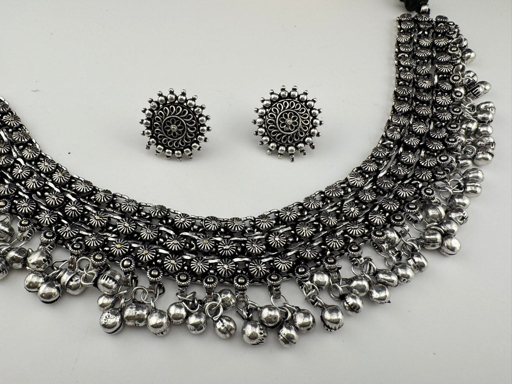 Premium Quality Oxidized silver polish German silver Antique looking with stud earrings and necklace set/Indian Necklace set/Garbha jewelry