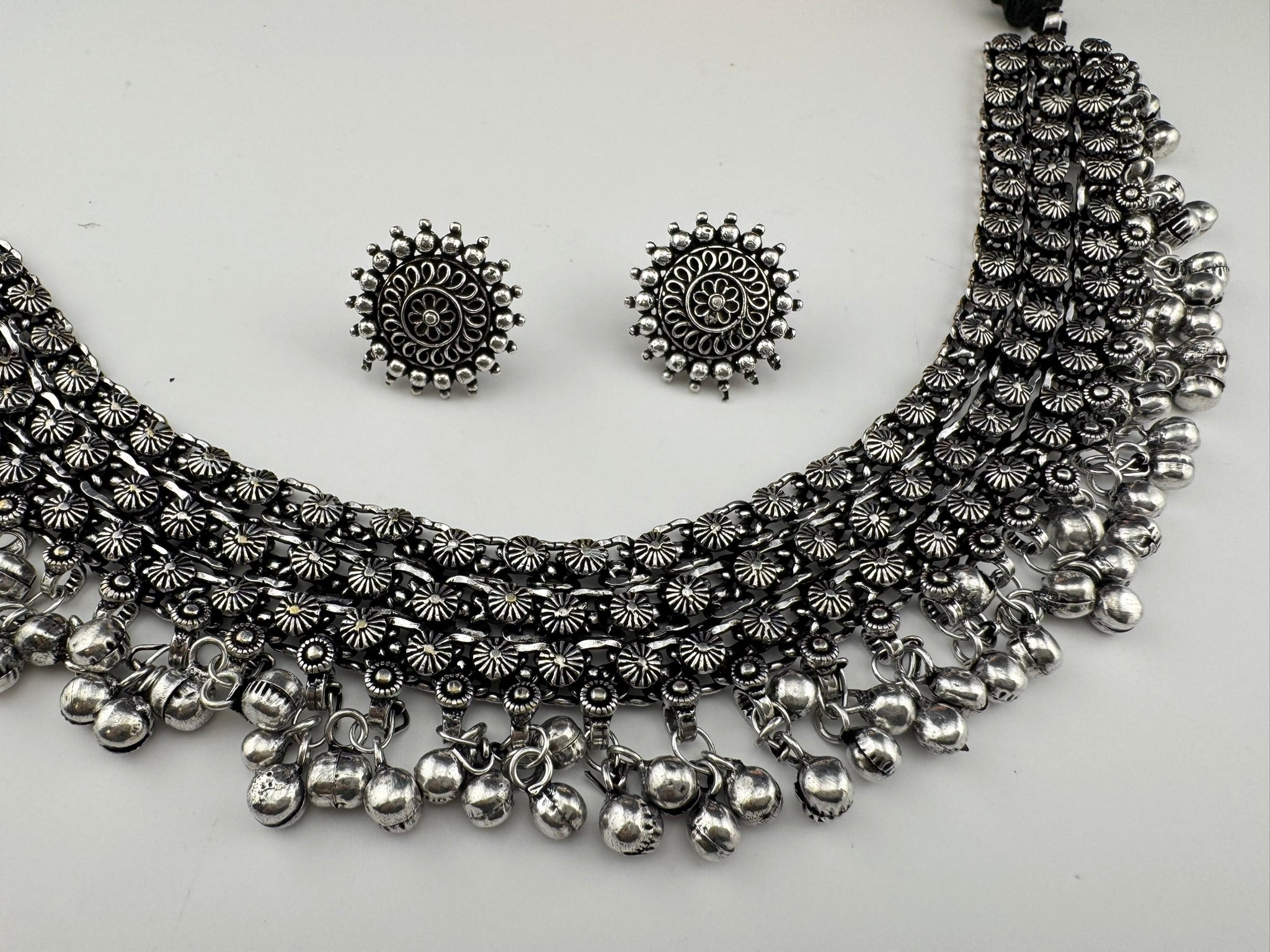 Premium Quality Oxidized silver polish German silver Antique looking with stud earrings and necklace set/Indian Necklace set/Garbha jewelry