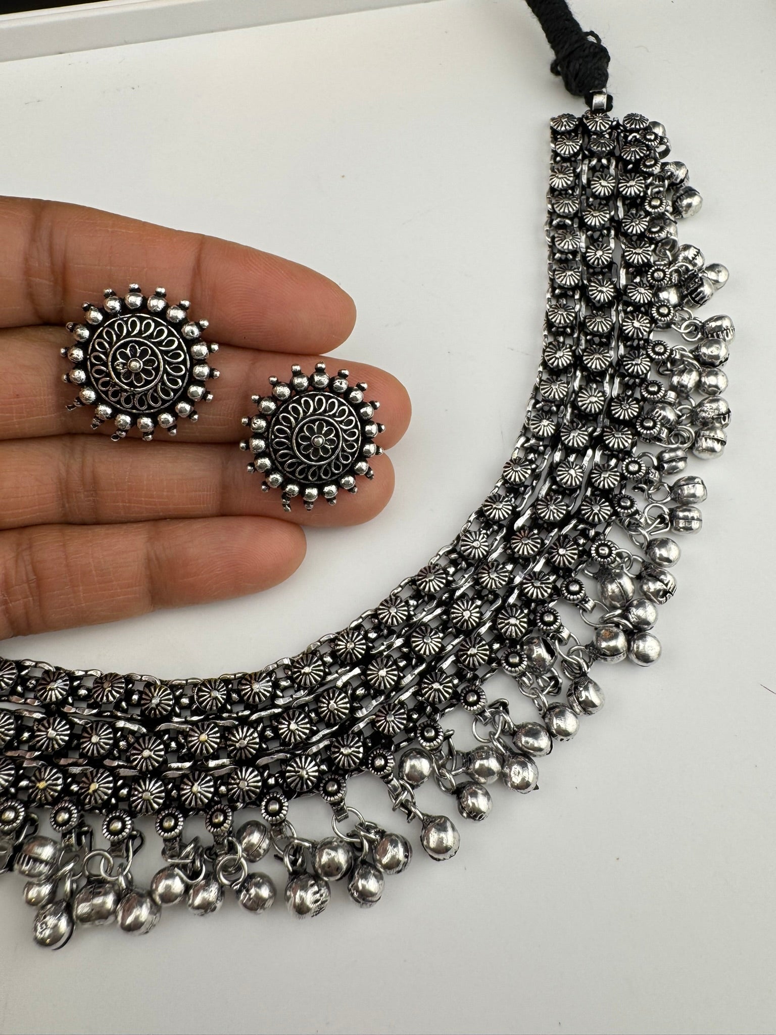 Premium Quality Oxidized silver polish German silver Antique looking with stud earrings and necklace set/Indian Necklace set/Garbha jewelry