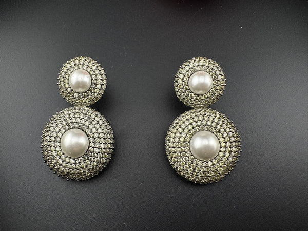 Premium Nano Setting Light Lemon green Cubic Zirconia with Pearls is Victorian designer Inspired Statement Drop Dangle earring/Lightweight