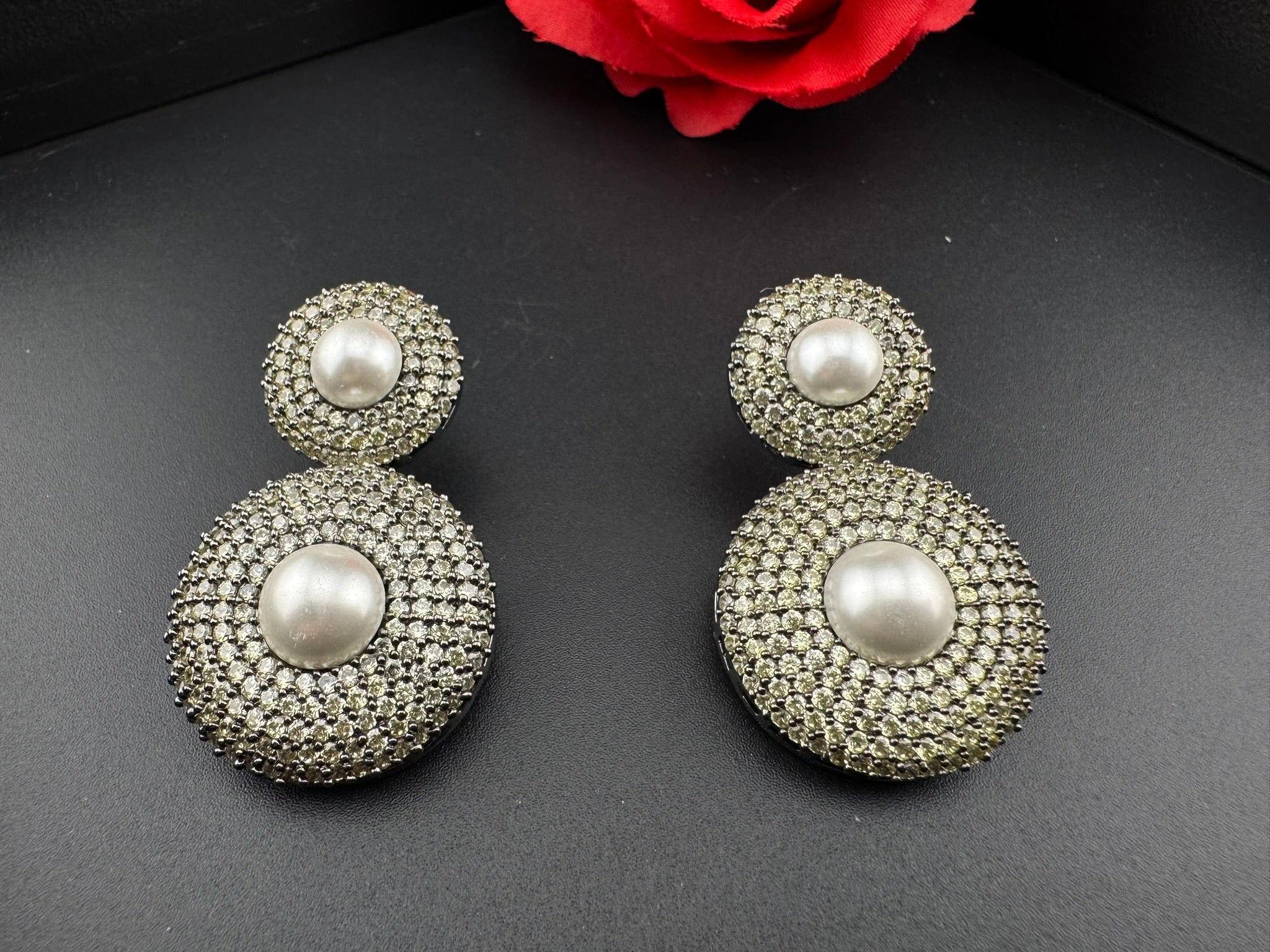 Premium Nano Setting Light Lemon green Cubic Zirconia with Pearls is Victorian designer Inspired Statement Drop Dangle earring/Lightweight