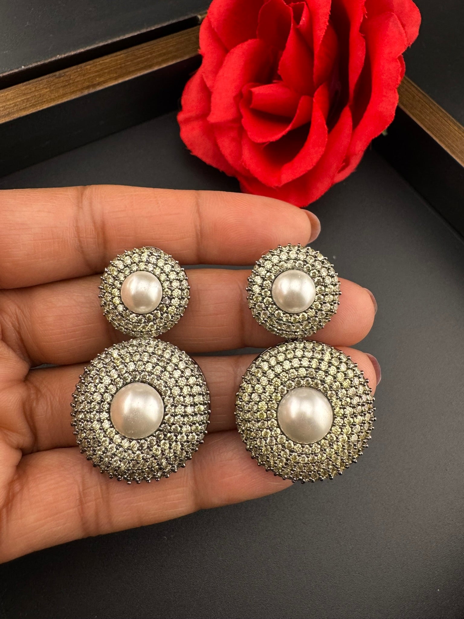 Premium Nano Setting Light Lemon green Cubic Zirconia with Pearls is Victorian designer Inspired Statement Drop Dangle earring/Lightweight