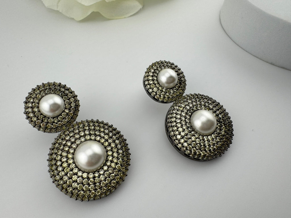 Premium Nano Setting Light Lemon green Cubic Zirconia with Pearls is Victorian designer Inspired Statement Drop Dangle earring/Lightweight