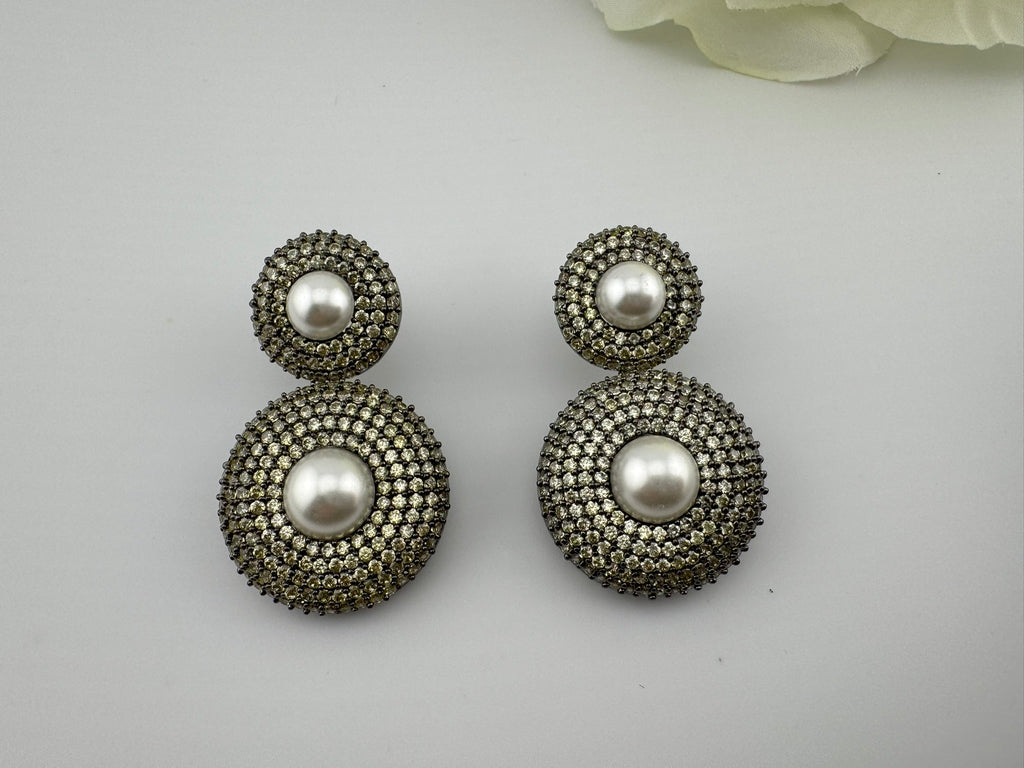 Premium Nano Setting Light Lemon green Cubic Zirconia with Pearls is Victorian designer Inspired Statement Drop Dangle earring/Lightweight