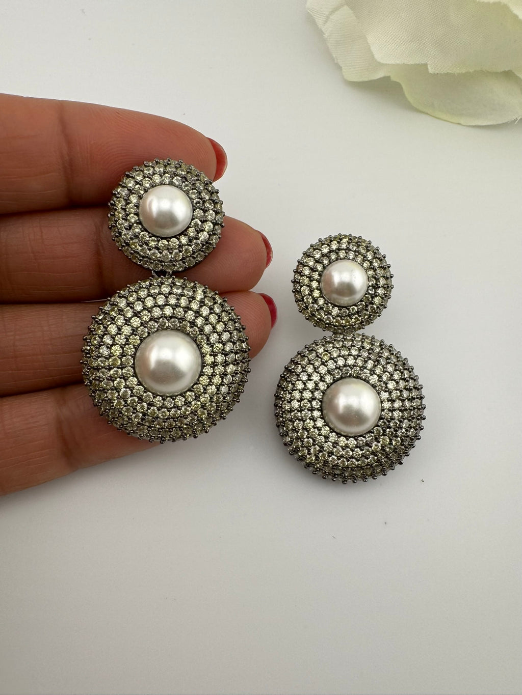 Premium Nano Setting Light Lemon green Cubic Zirconia with Pearls is Victorian designer Inspired Statement Drop Dangle earring/Lightweight