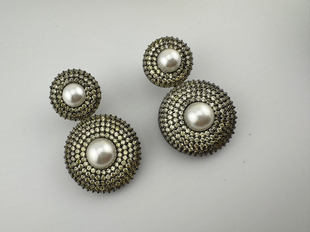 Premium Nano Setting Light Lemon green Cubic Zirconia with Pearls is Victorian designer Inspired Statement Drop Dangle earring/Lightweight