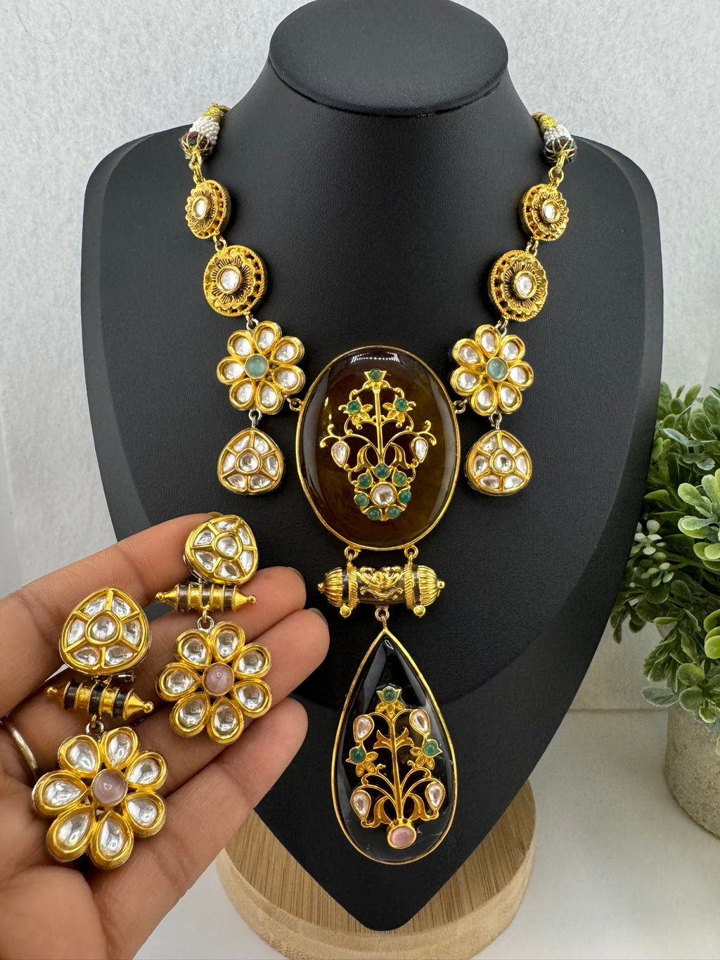 Amrapali Inspired Premium Necklace set, fusion Inlay work with Moissanite Kundan and natural stones