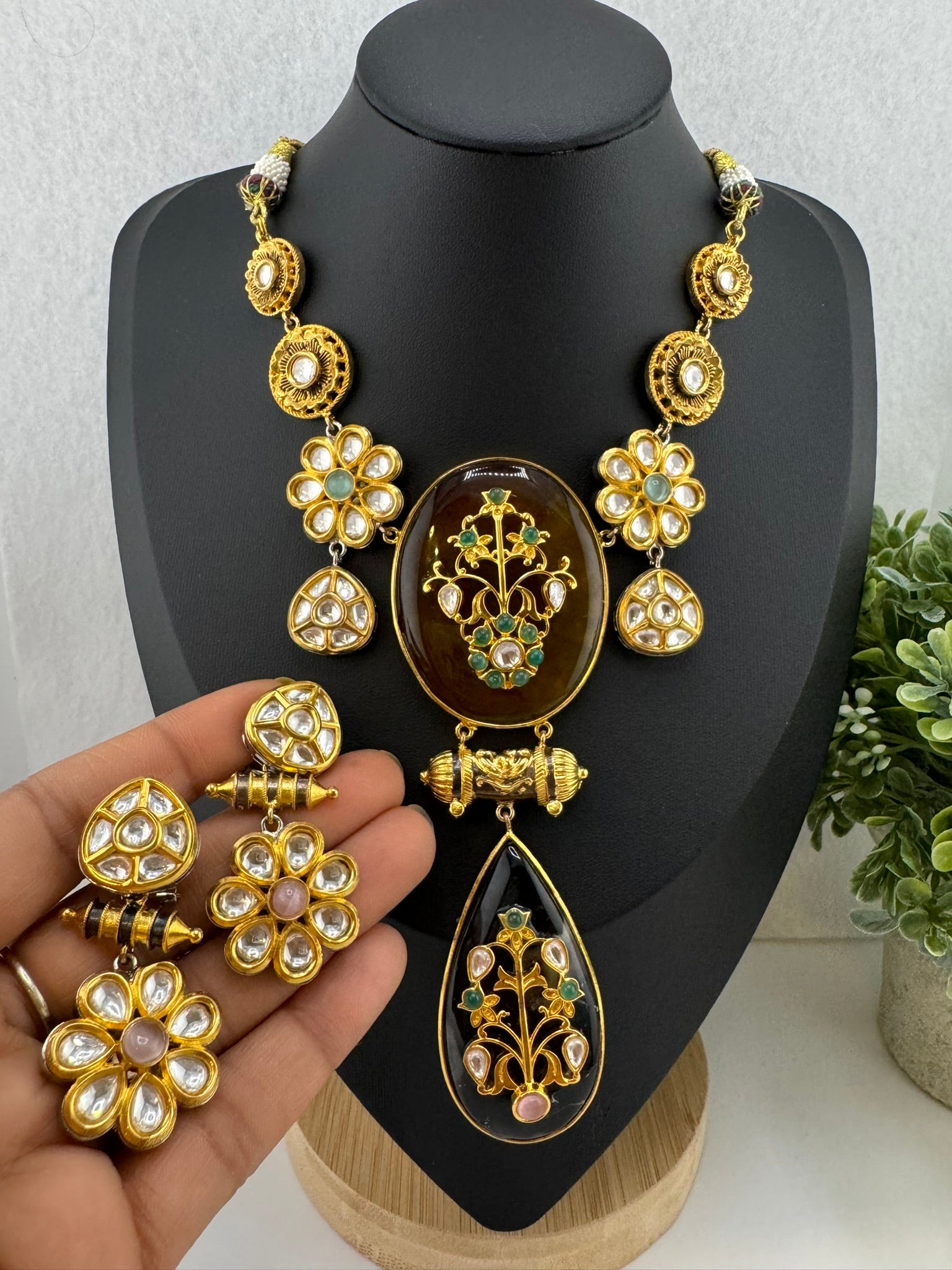 Amrapali Inspired Premium Necklace set, fusion Inlay work with Moissanite Kundan and natural stones