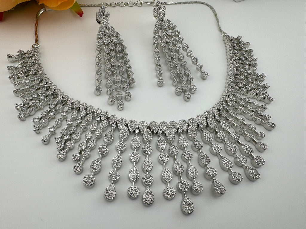 Unique Premium Victorian American Diamond, Cubic Zirconia Bridal Necklace with long earrings