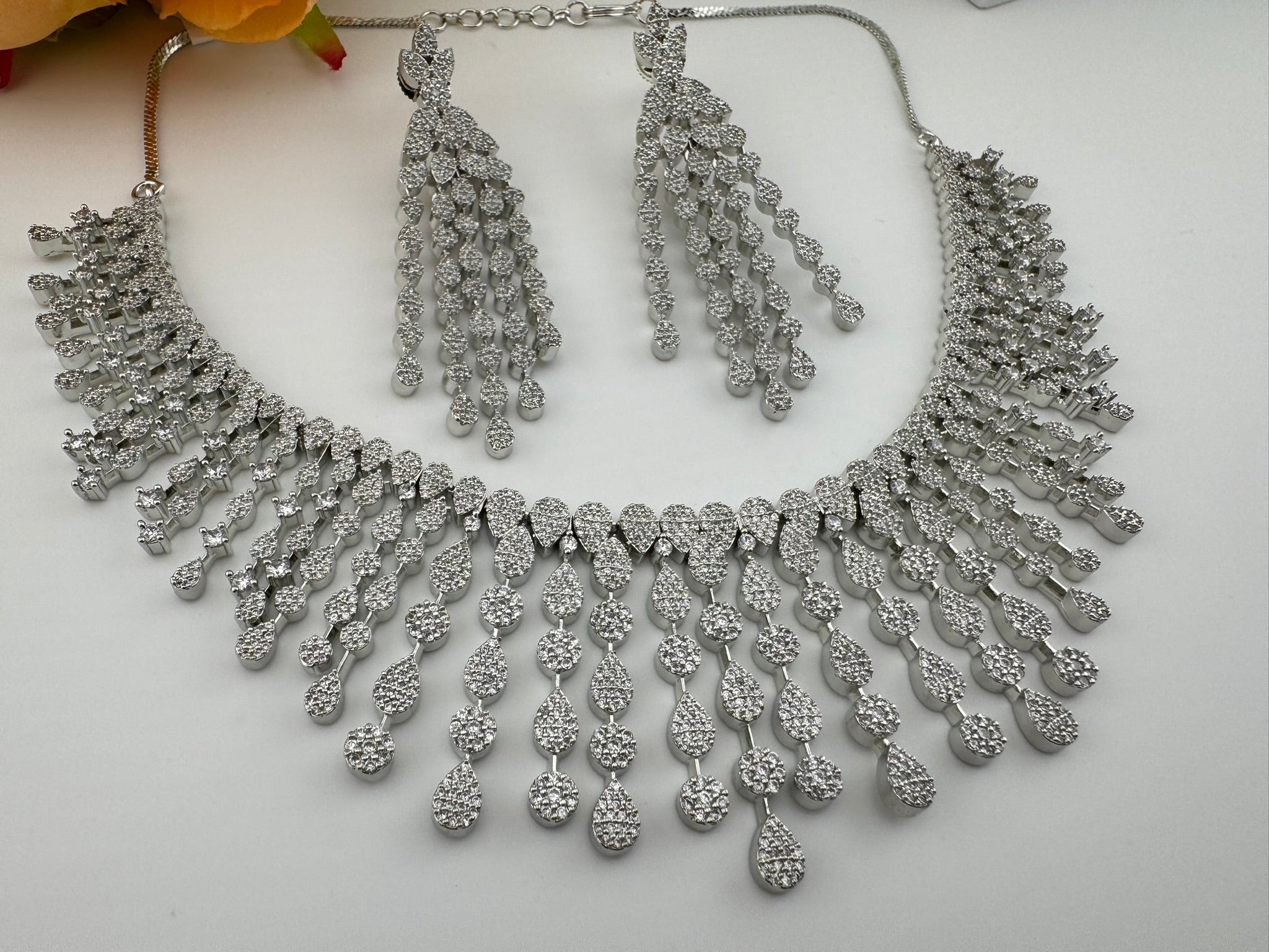 Unique Premium Victorian American Diamond, Cubic Zirconia Bridal Necklace with long earrings