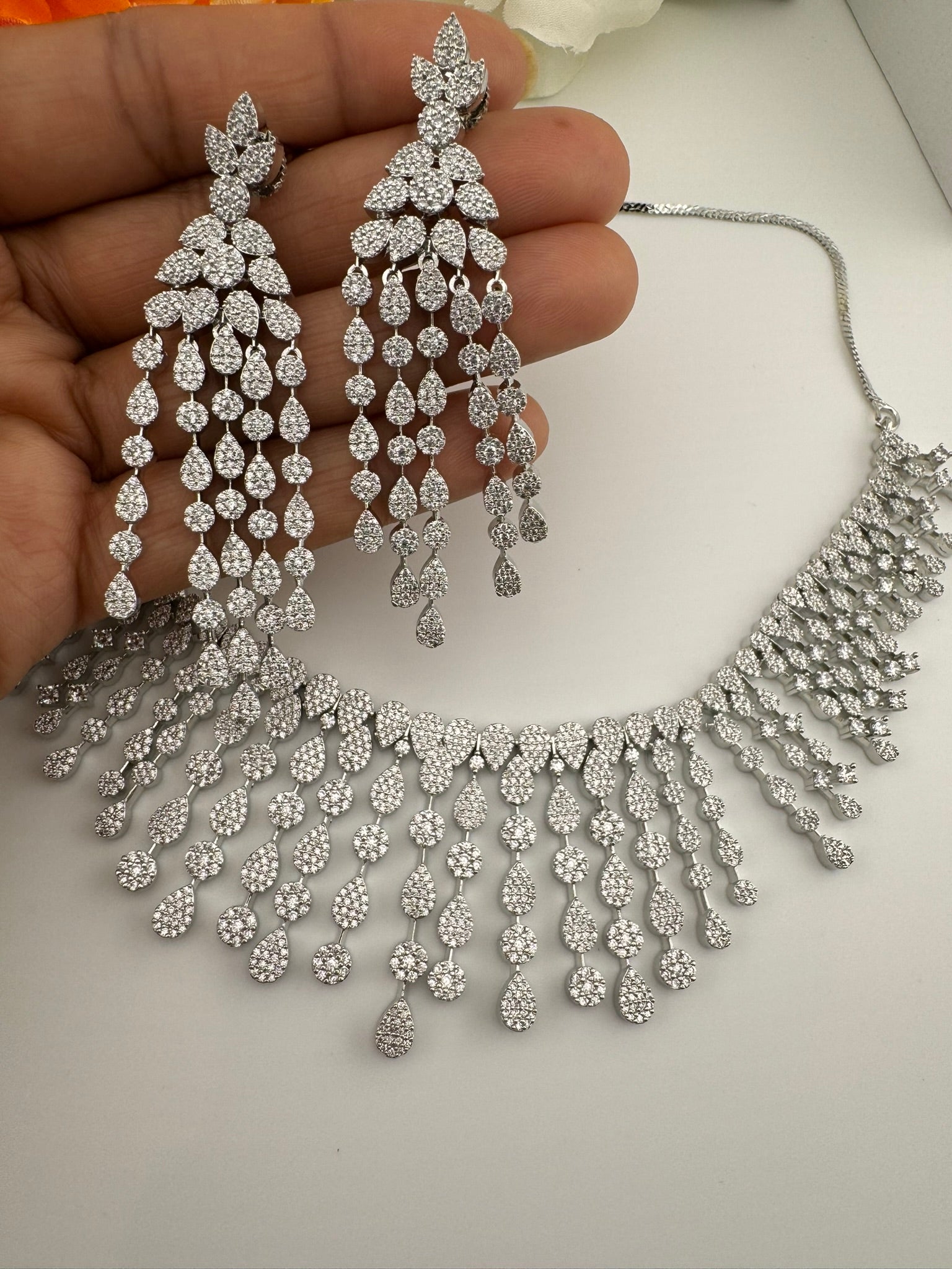 Unique Premium Victorian American Diamond, Cubic Zirconia Bridal Necklace with long earrings