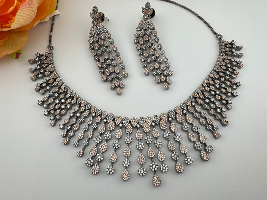 Unique Premium Victorian American Diamond, Cubic Zirconia Bridal Necklace with long earrings